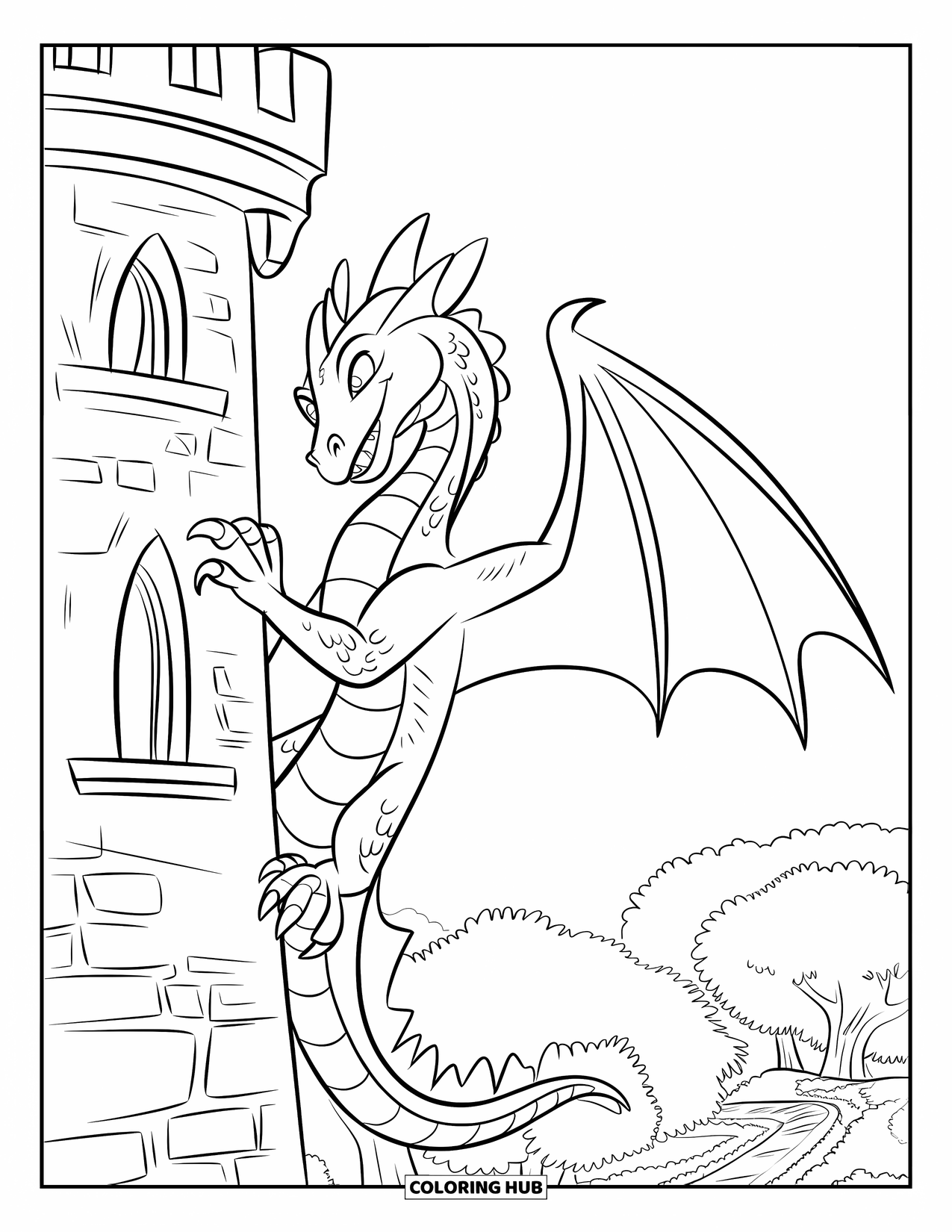 Dibujo de dragón para colorear para niños: Un dragón agarra una torre de piedra, mirando hacia abajo con ojos penetrantes sobre la tierra de abajo