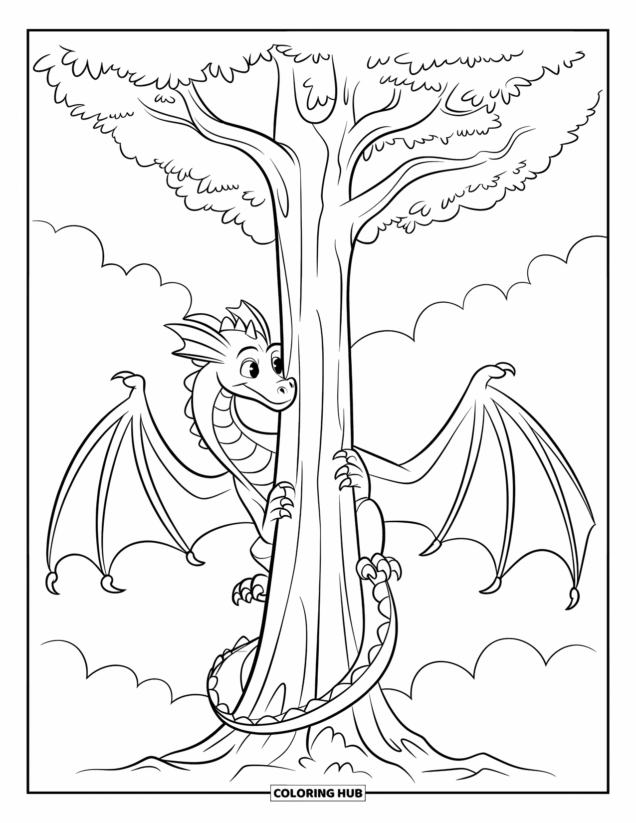 Dibujo de dragón para colorear para niños: Un dragón agarra un alto tronco de árbol, con las alas metidas, rodeado de nubes a la deriva