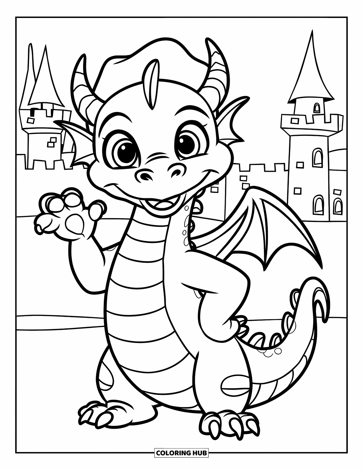 Dibujo de dragón para colorear para niños: Un dragón con un sombrero saluda alegremente, de pie cerca de un castillo con altas torres