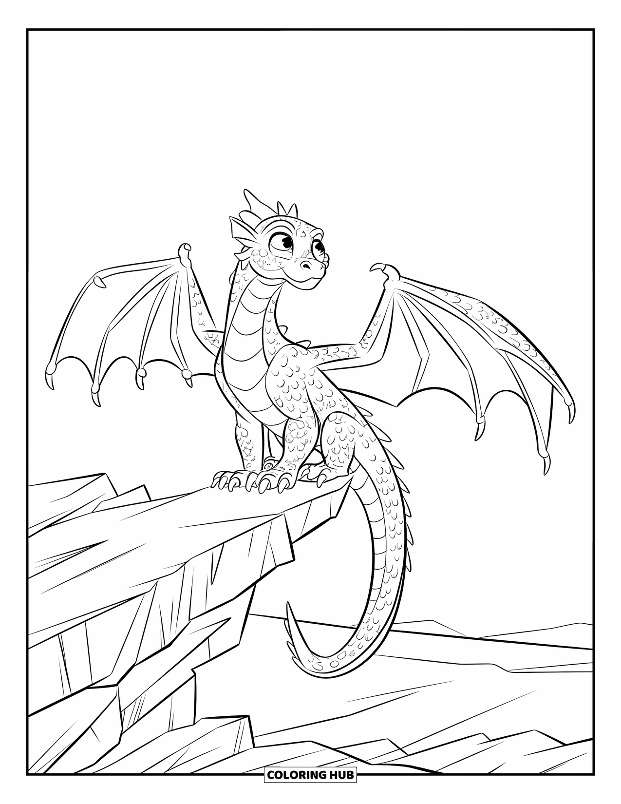 Dibujo de dragón para colorear para niños: Un dragón se posa en una cornisa rocosa, con las alas extendidas, mirando al cielo abierto