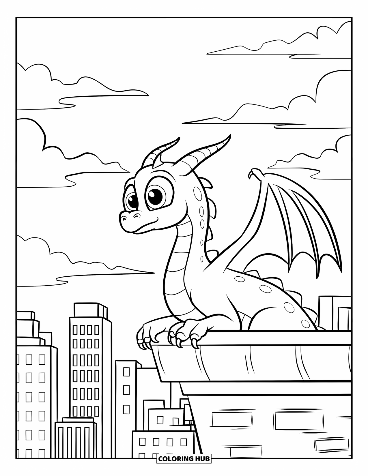 Dibujo de dragón para colorear para niños: Un dragón se posa en un tejado, mirando al cielo sobre un imponente paisaje urbano