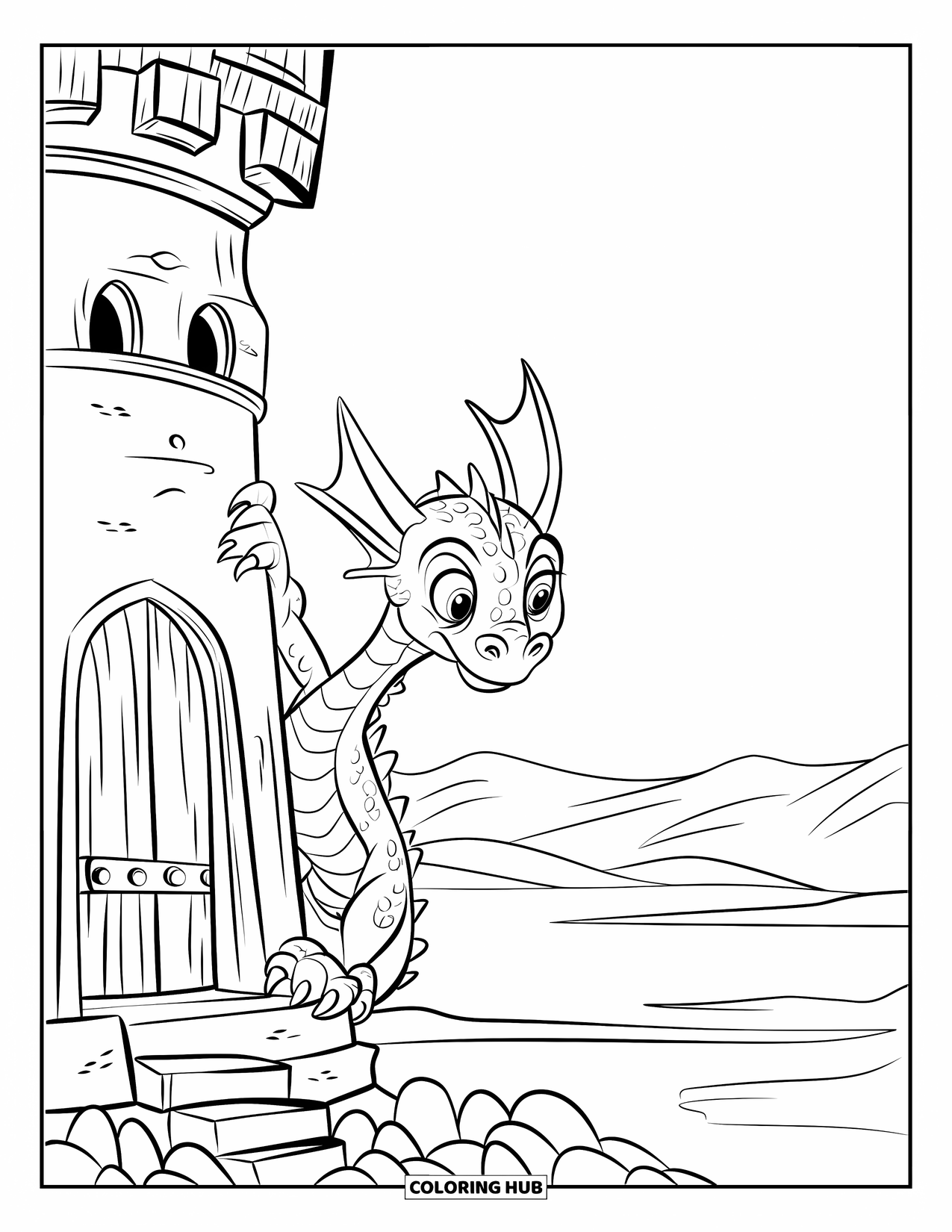 Dibujo de dragón para colorear para niños: Un dragón se posa en una torre, con sus grandes ojos escaneando el terreno rocoso de abajo