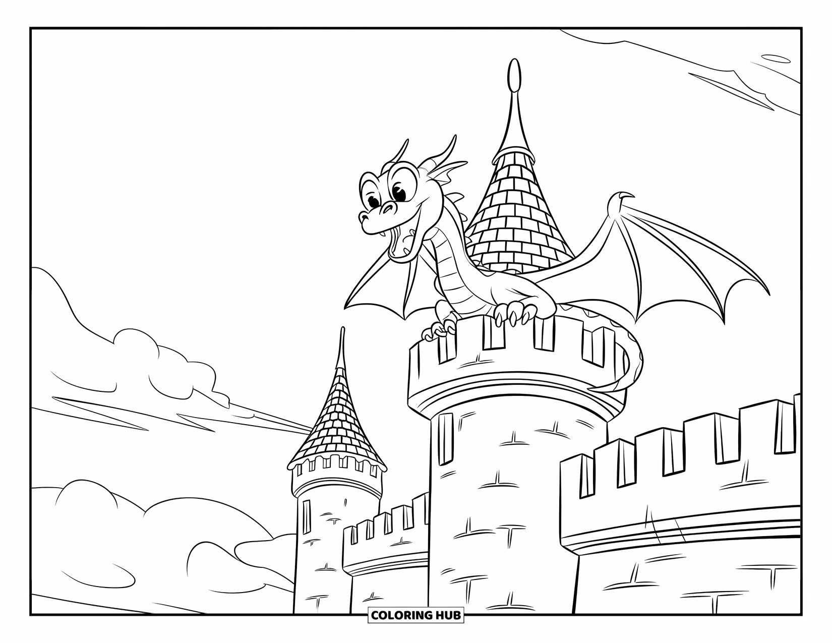 Dibujo de dragón para colorear para niños: Un dragón se posa en una torreta, con la boca abierta con entusiasmo, sobre un camino de adoquines
