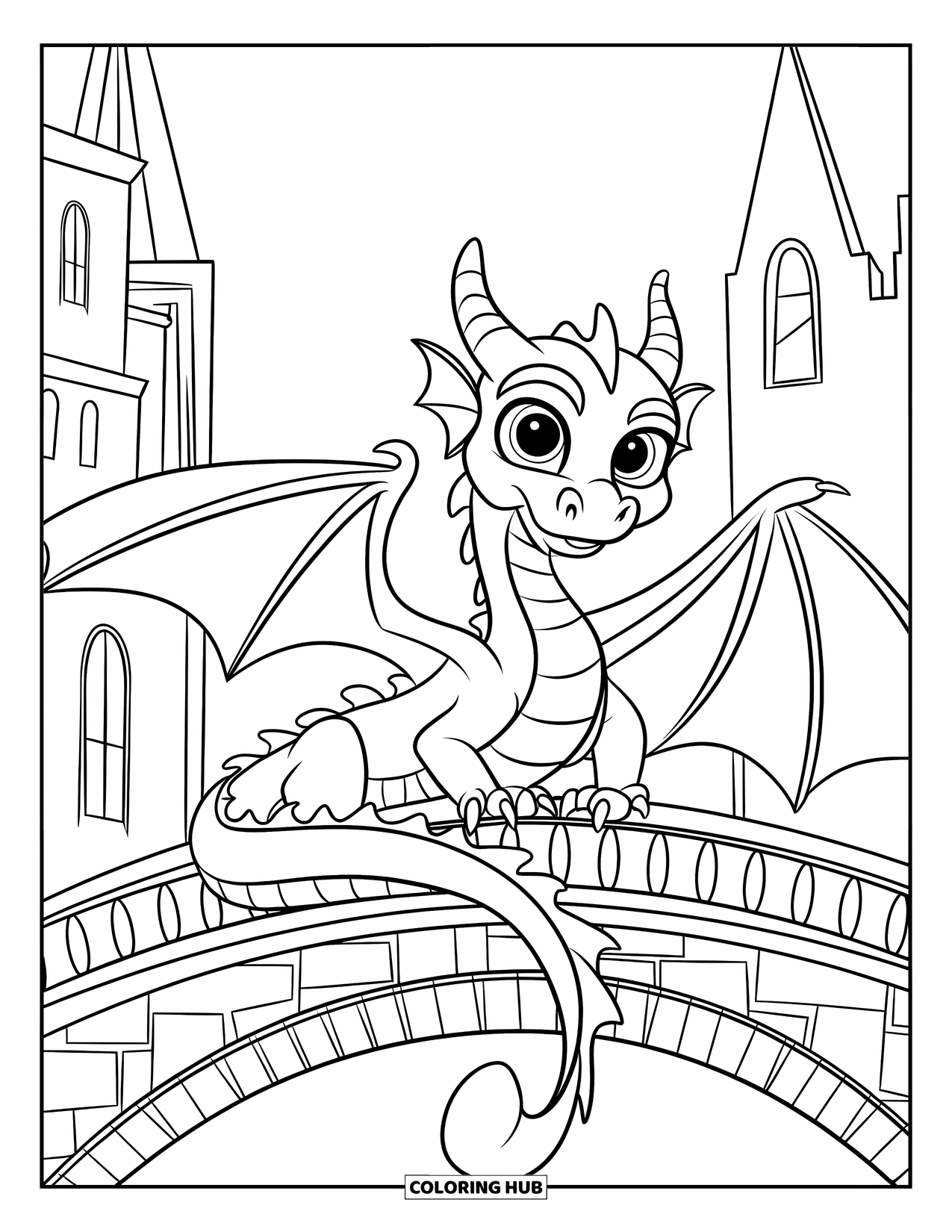 Dibujo de dragón para colorear para niños: Un dragón se posa en un puente arqueado con diseños ornamentados, contemplando un paisaje urbano