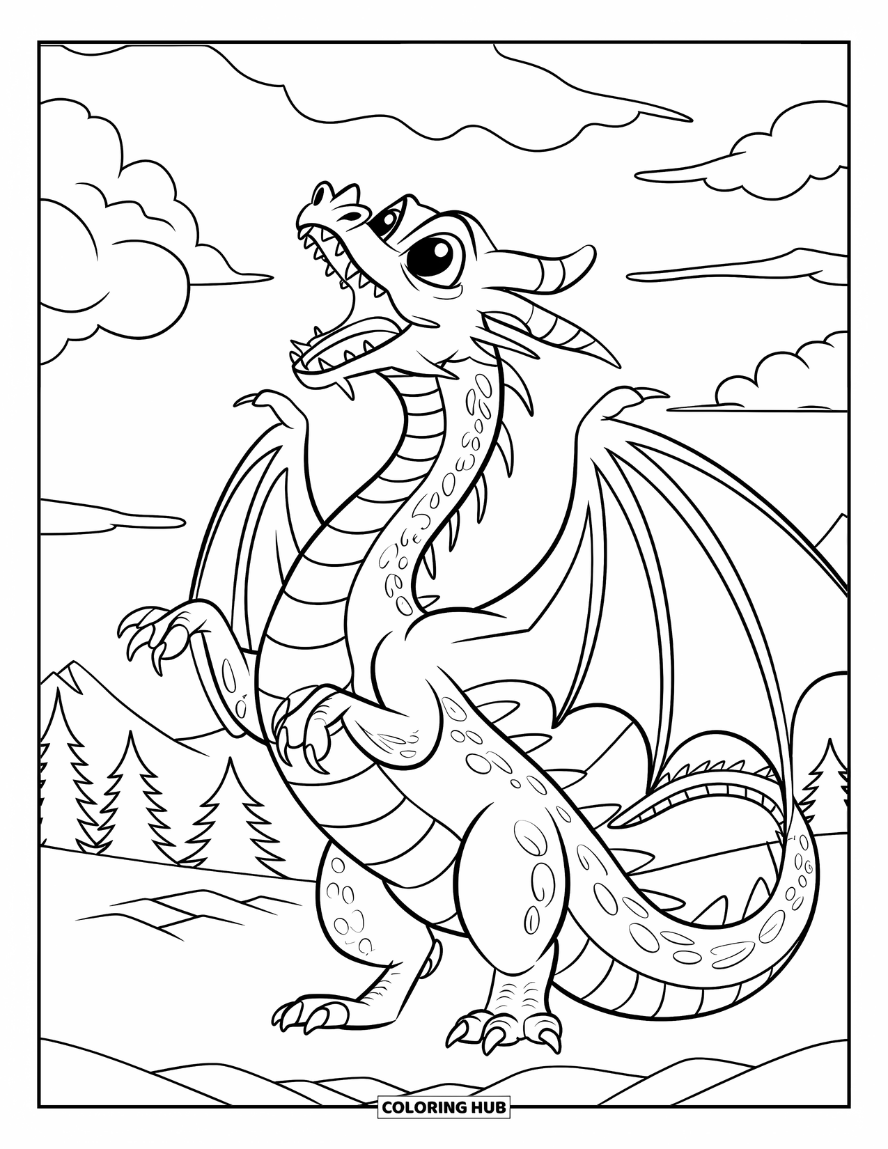 Dibujo de dragón para colorear para niños: Un dragón se levanta sobre sus patas traseras, rugiendo poderosamente hacia el cielo