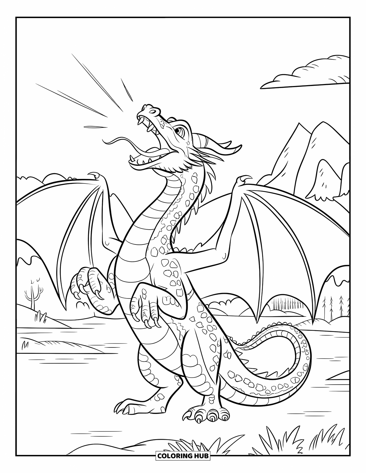 Dibujo de dragón para colorear para niños: Un dragón se levanta sobre sus patas traseras, con las alas extendidas, rugiendo sobre un pacífico paisaje montañoso
