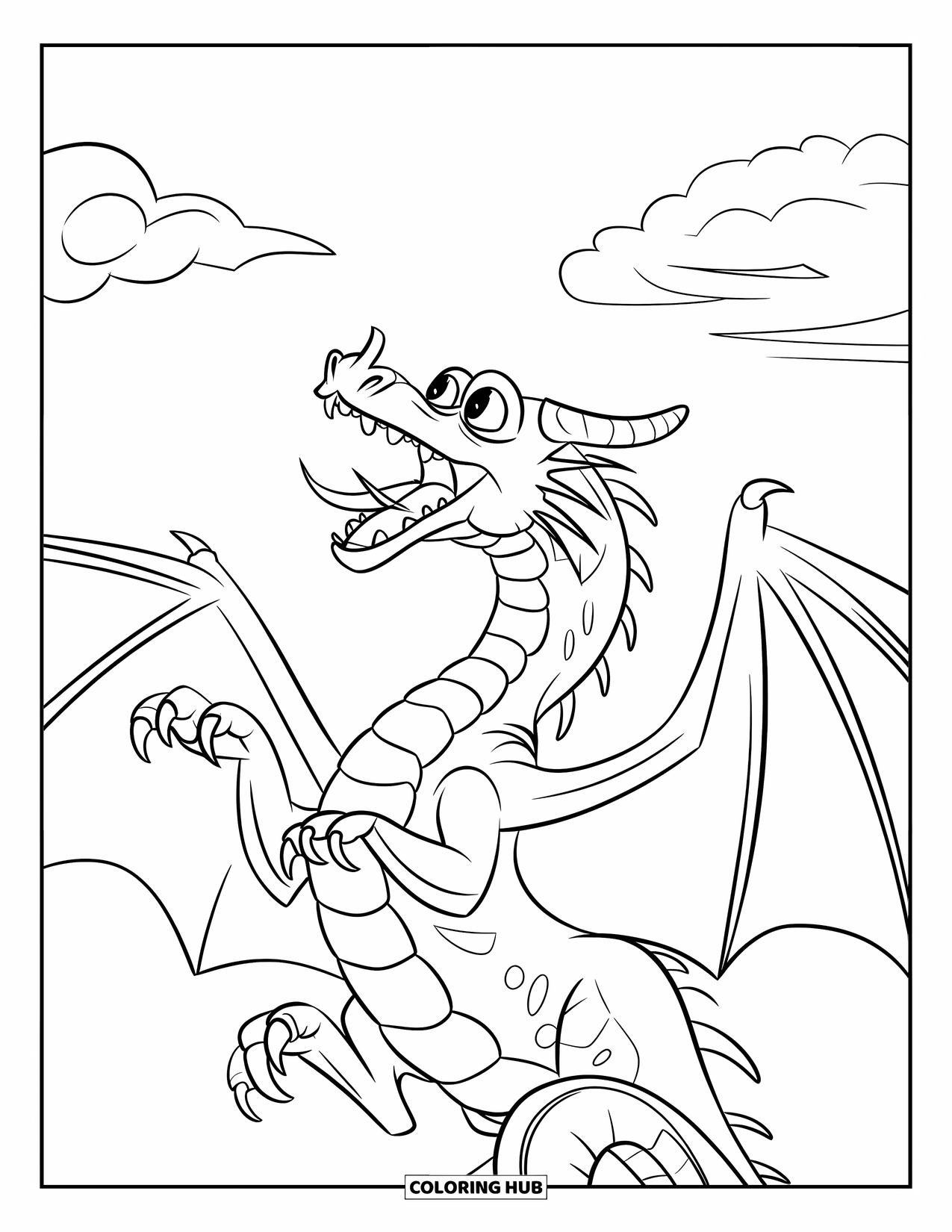 Dibujo de dragón para colorear para niños: Un dragón ruge hacia el cielo, erguido con ojos feroces y dientes afilados