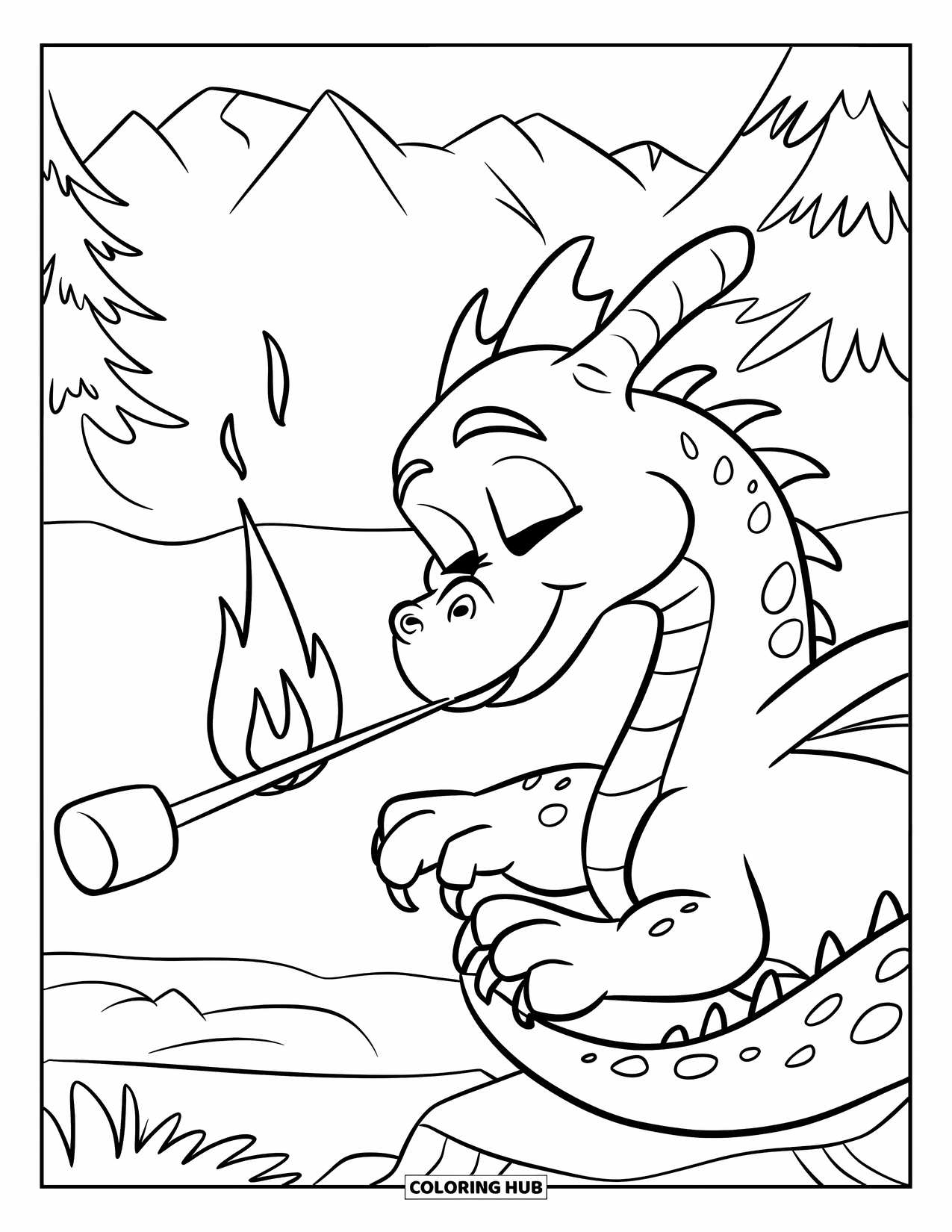 Dibujo de dragón para colorear para niños: Un dragón se sienta en una roca, soplando una pequeña llama para tostar una nube en un palo