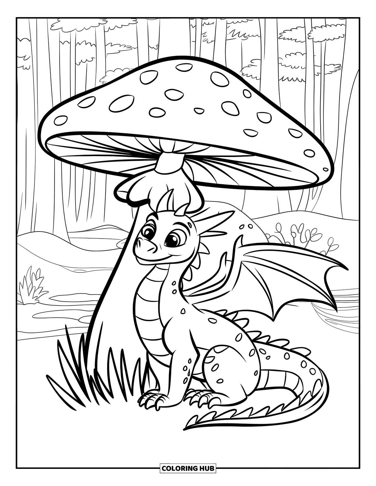 Dibujo de dragón para colorear para niños: Un dragón se sienta debajo de un hongo gigante, acurrucado en un bosque mágico