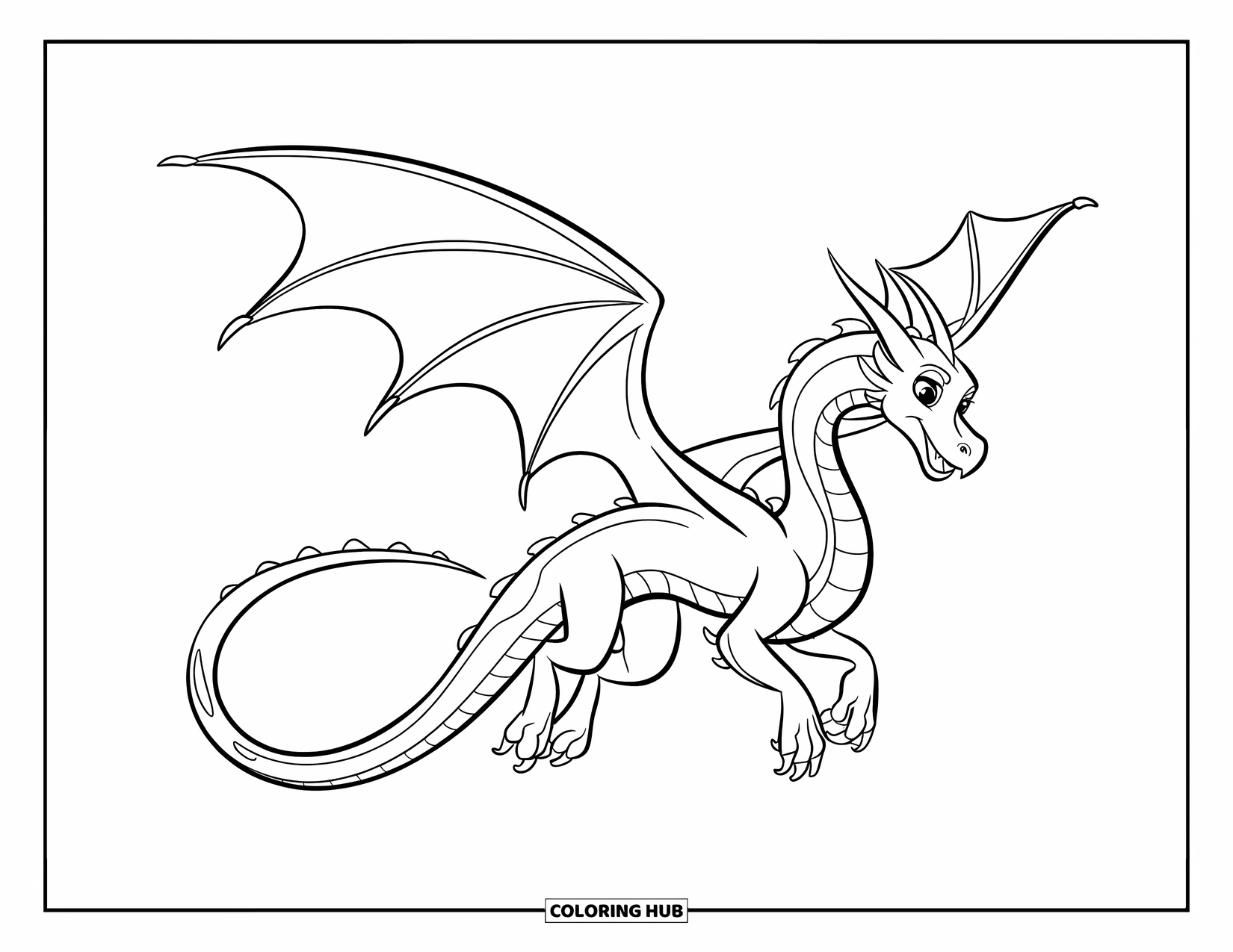 Dibujo de dragón para colorear para niños: Un dragón se eleva por el cielo, con su cola ondeando detrás en un movimiento elegante