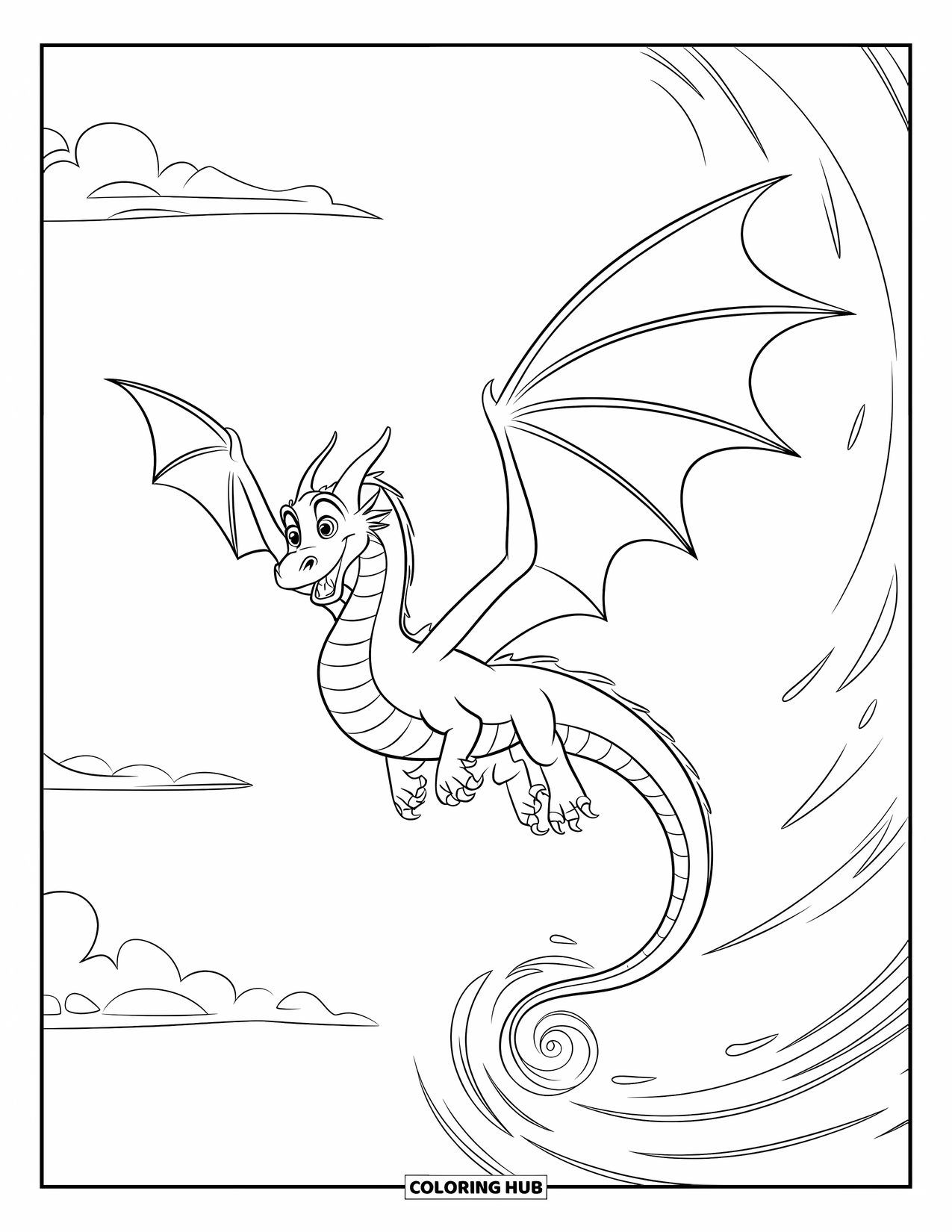 Dibujo de dragón para colorear para niños: Un dragón se eleva por el cielo, dejando atrás un rastro mágico y arremolinado