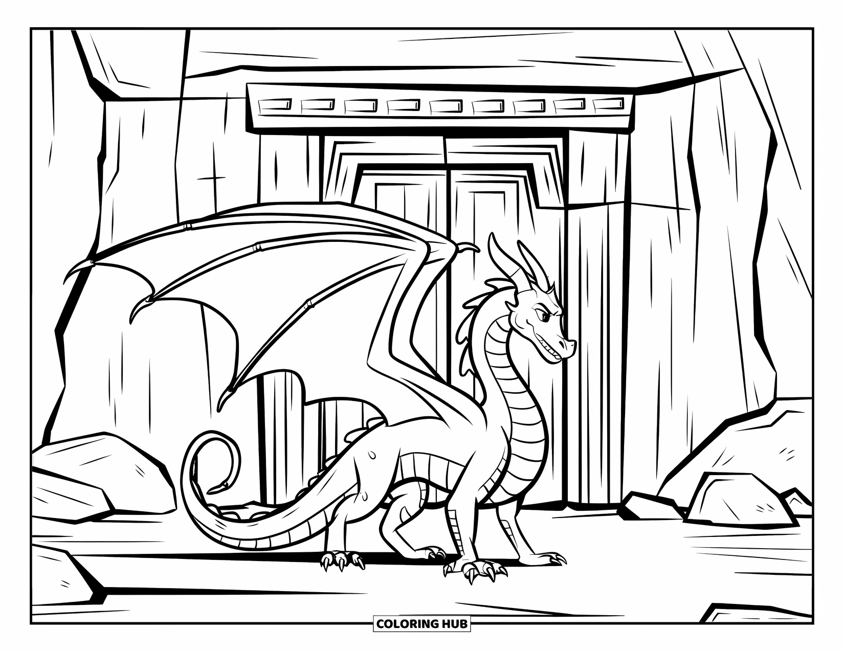 Dibujo de dragón para colorear para niños: Un dragón se encuentra ante una imponente puerta cubierta de intrincadas tallas, con su cola curvada detrás