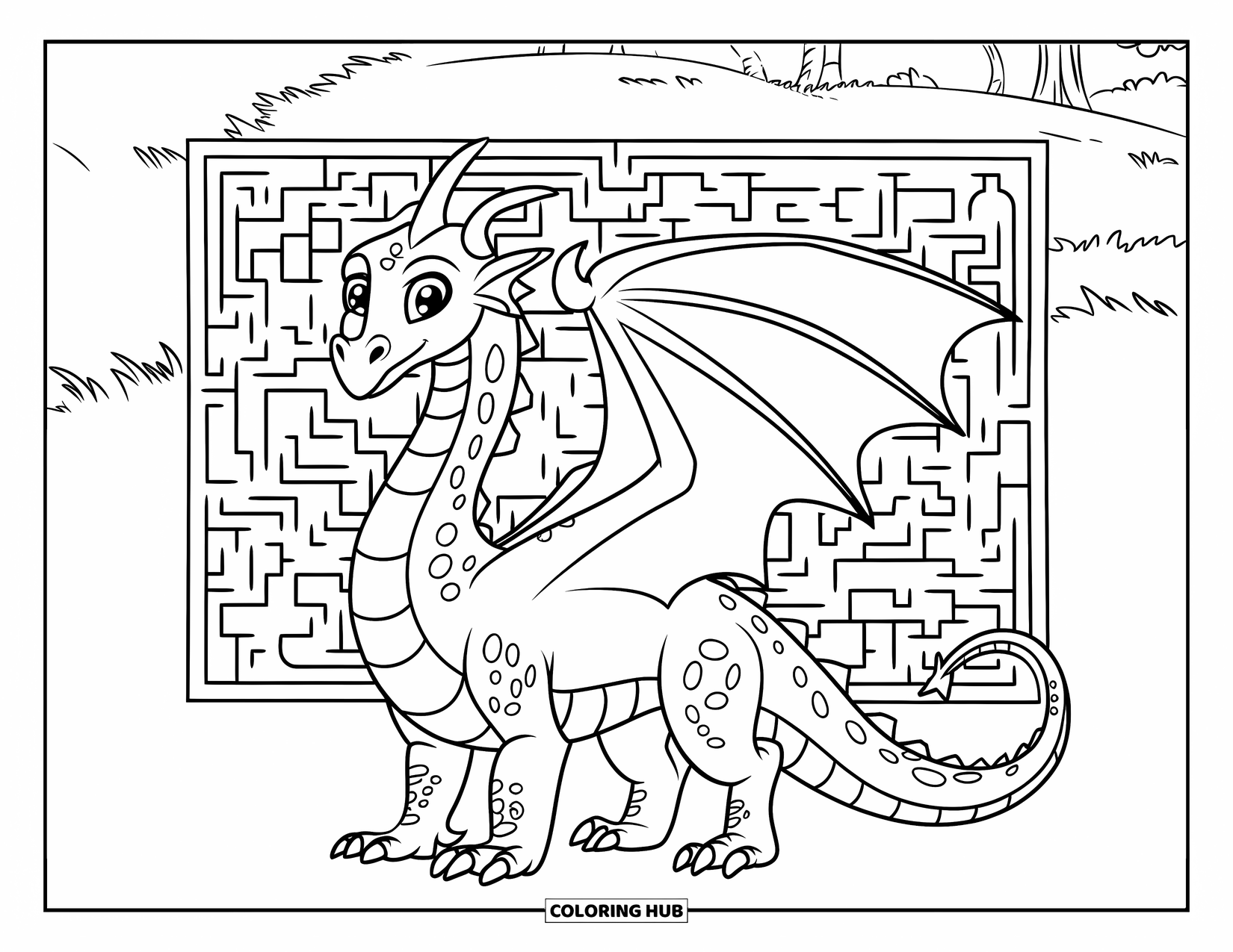Dibujo de dragón para colorear para niños: Un dragón se encuentra ante un laberinto sinuoso, con su larga cola enrollándose alrededor de su cuerpo escamoso