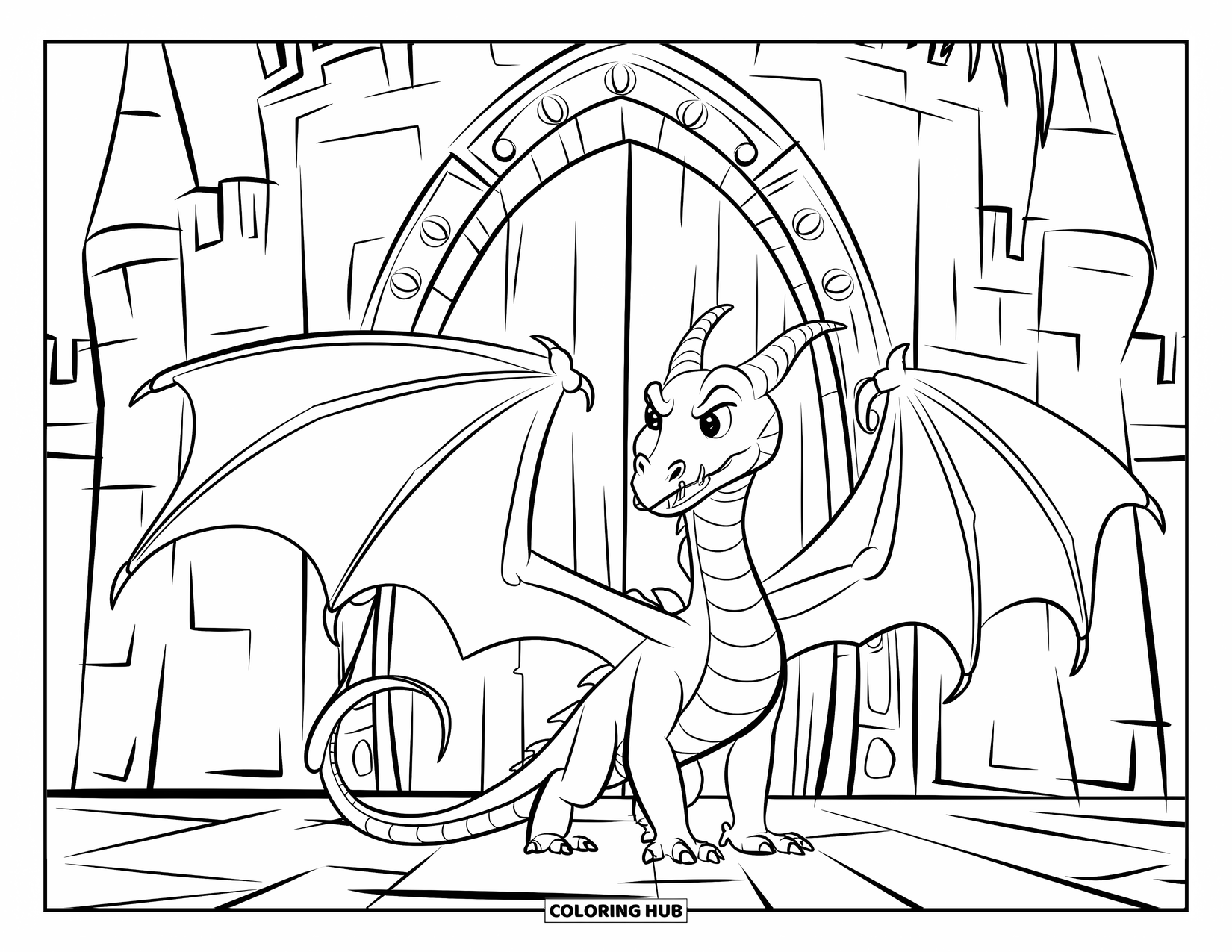 Dibujo de dragón para colorear para niños: Un dragón se encuentra ante una puerta antigua, con la cola enroscada como si anticipara algo