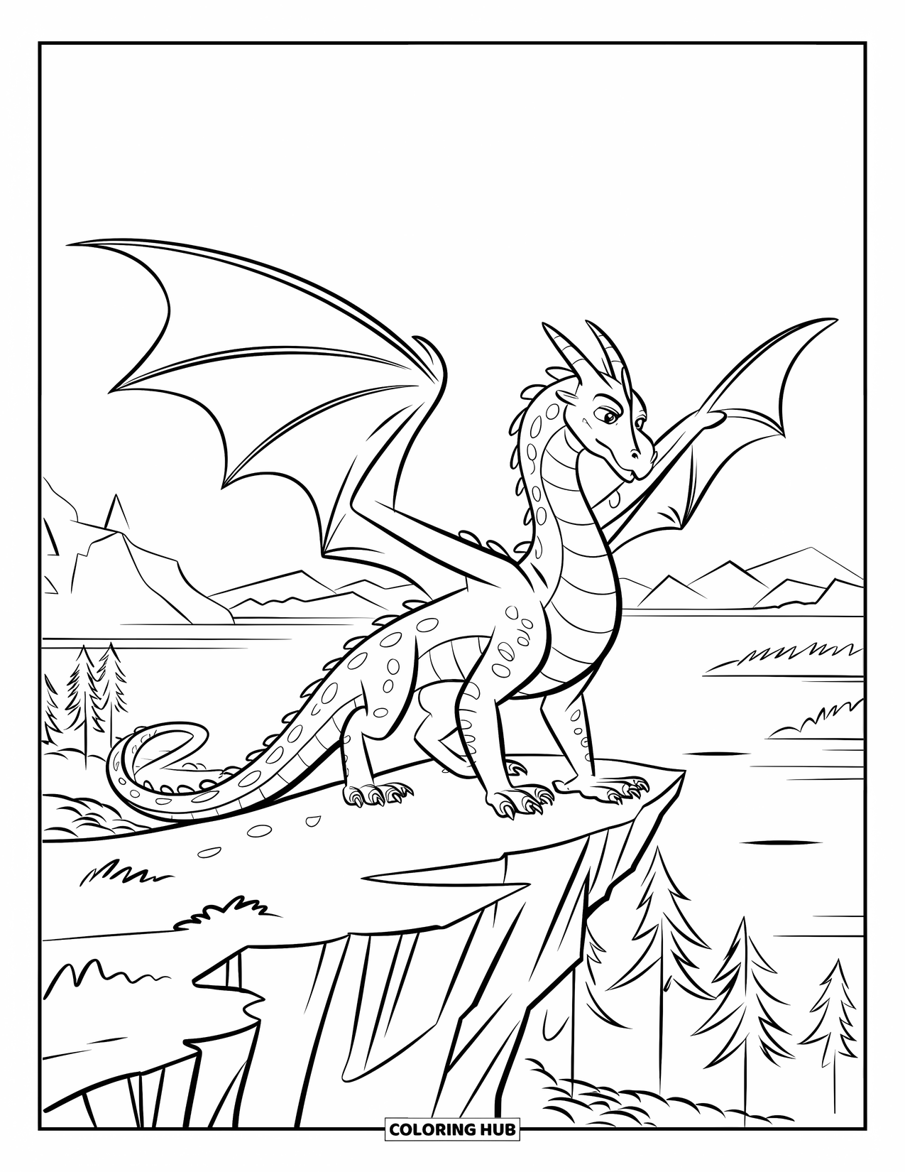 Dibujo de dragón para colorear para niños: Un dragón se encuentra en un acantilado, con las alas extendidas, contemplando montañas y un vasto paisaje