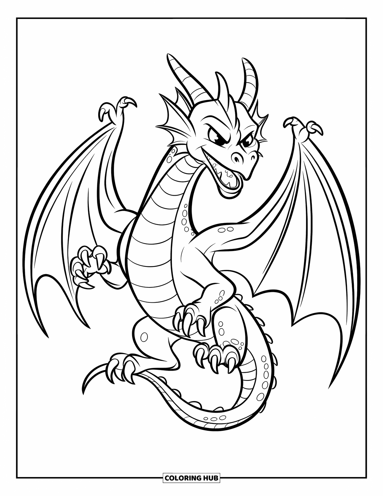 Dibujo de dragón para colorear para niños: Un dragón se alza con ojos penetrantes, una garra levantada, listo para la acción