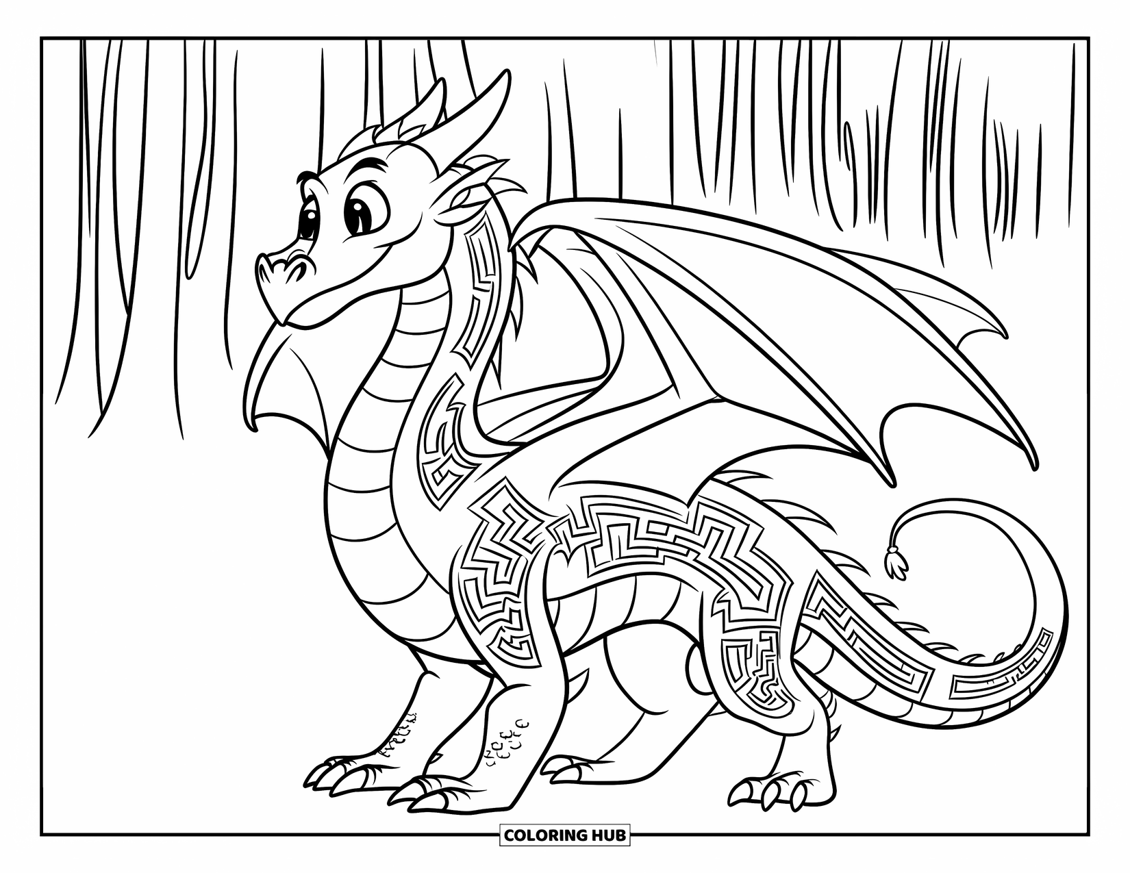 Dibujo de dragón para colorear para niños: Un dragón mira con curiosidad un intrincado laberinto, con el cuerpo marcado con caminos sinuosos