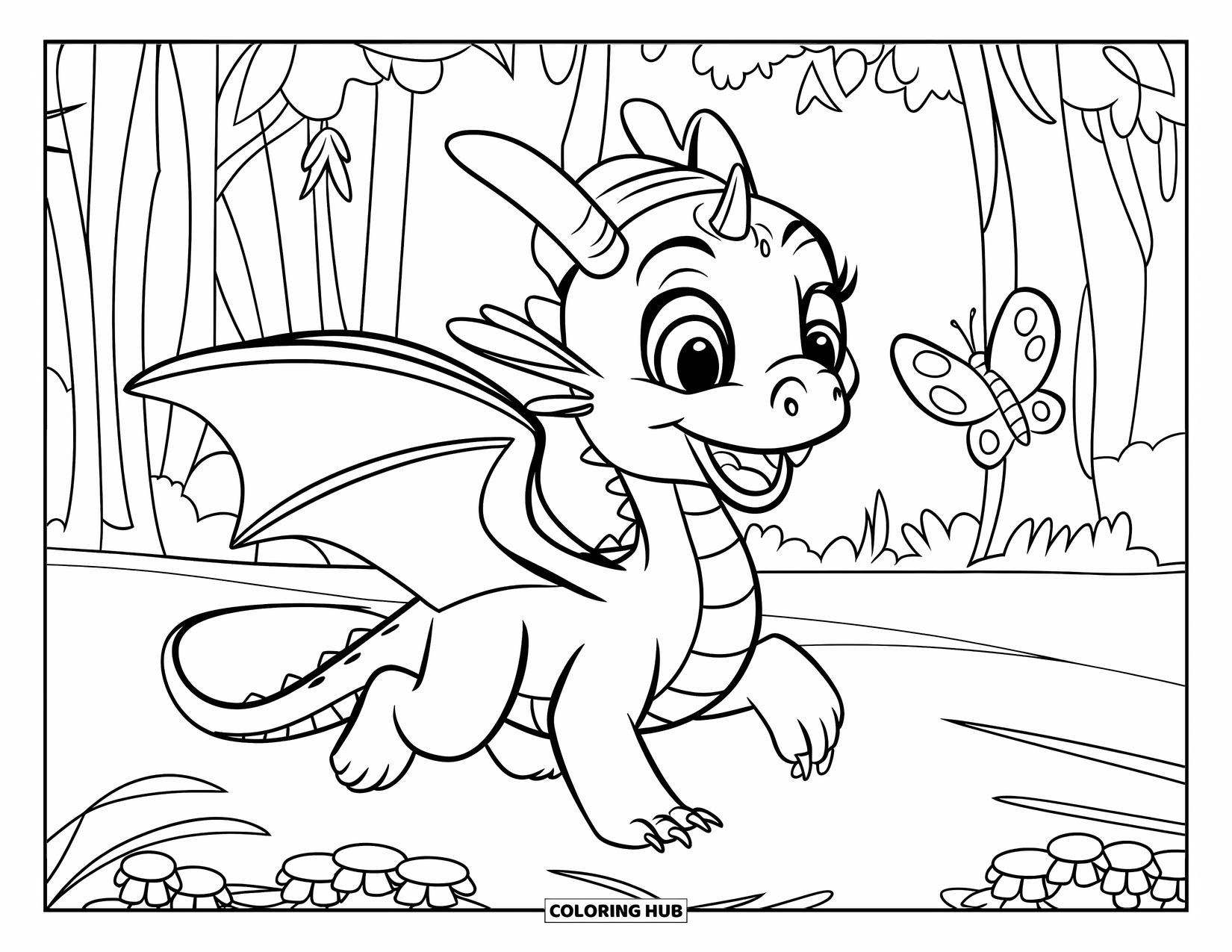 Dibujo de dragón para colorear para niños: Un dragón con un pequeño sombrero sigue felizmente a una mariposa a través de un bosque