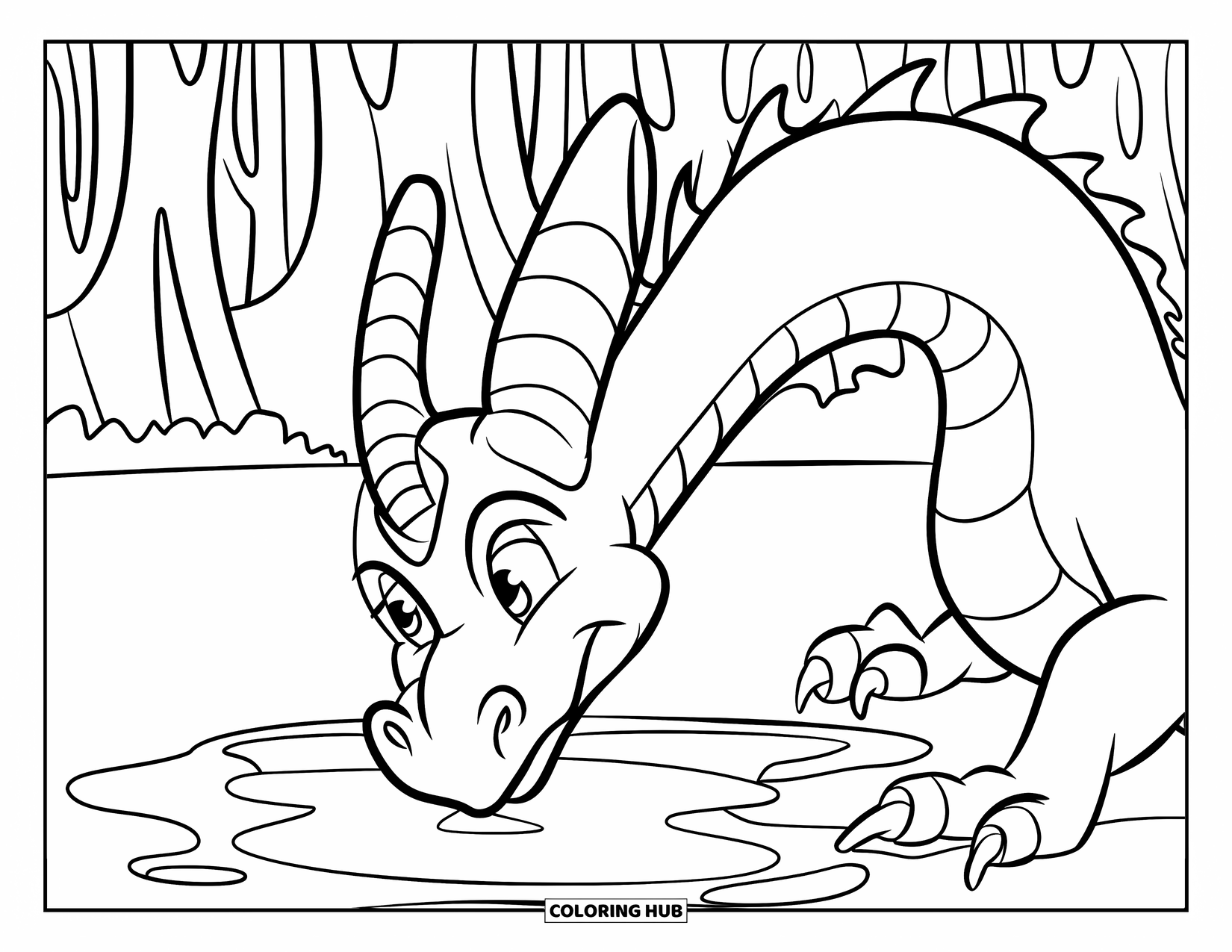 Dibujo de dragón para colorear para niños: Un dragón con un cuerno rizado observa su reflejo en un charco, rodeado de árboles