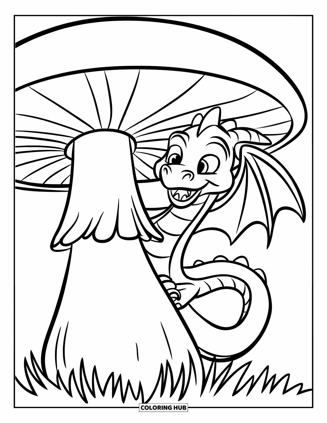 Dibujo de dragón para colorear para niños: Un dragón con una cola rizada asoma por detrás de un hongo gigante en un campo cubierto de hierba
