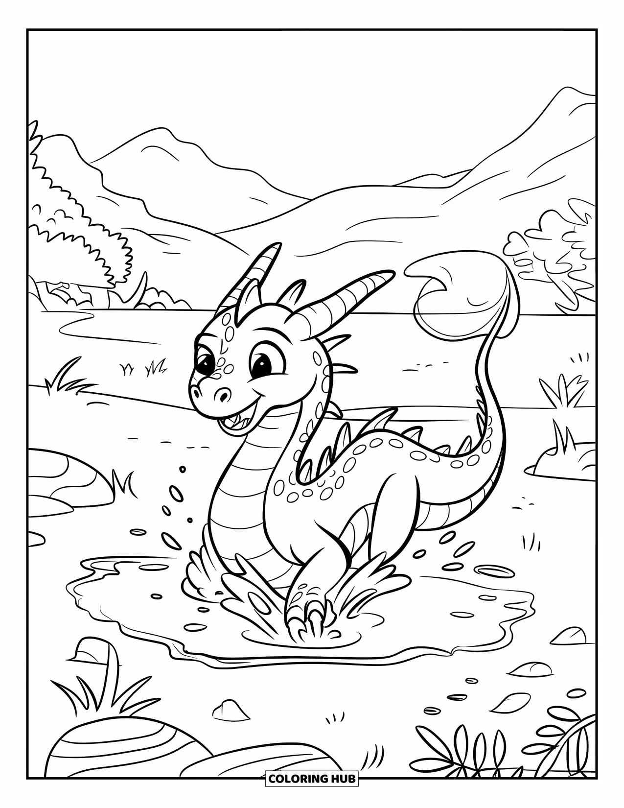 Dibujo de dragón para colorear para niños: Un dragón con una cola rizada juega alegremente en un charco, rodeado de rocas y plantas