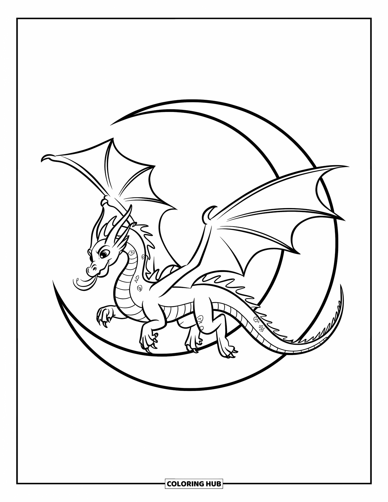 Dibujo de dragón para colorear para niños: Un dragón con una cola ondeante se eleva a través de una luna creciente en un cielo abierto