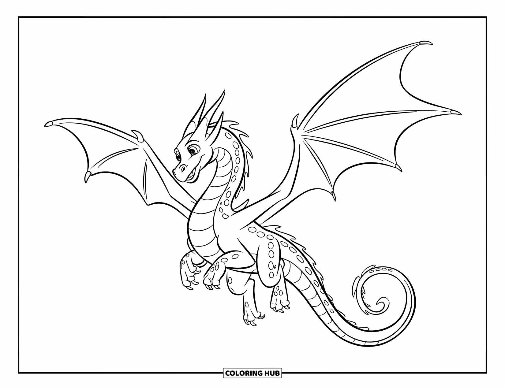 Dibujo de dragón para colorear para niños: Un dragón con un cuerpo escamoso y alas anchas se eleva a través del cielo abierto