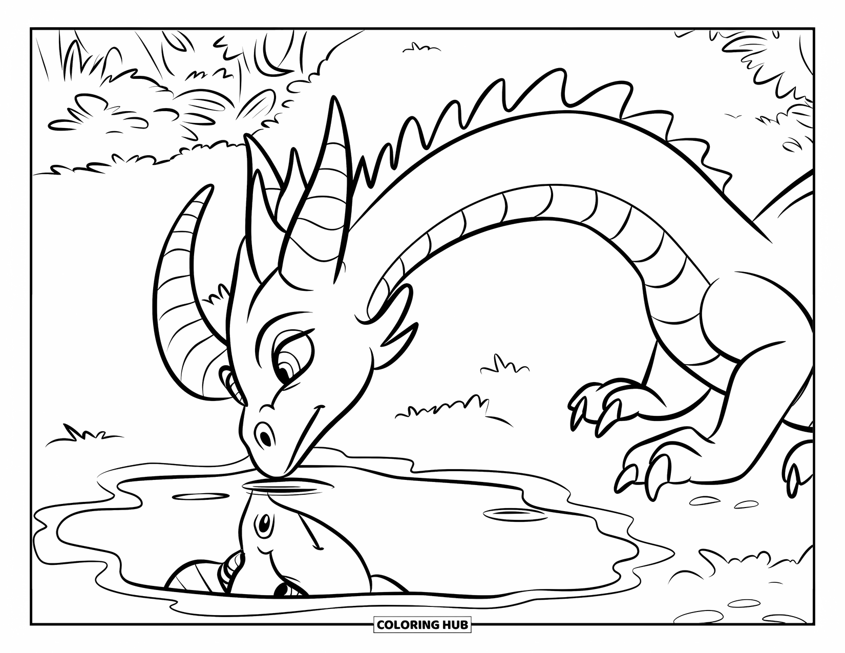 Dibujo de dragón para colorear para niños: Un dragón con un cuerno en espiral mira su reflejo en un charco, perdido en sus pensamientos