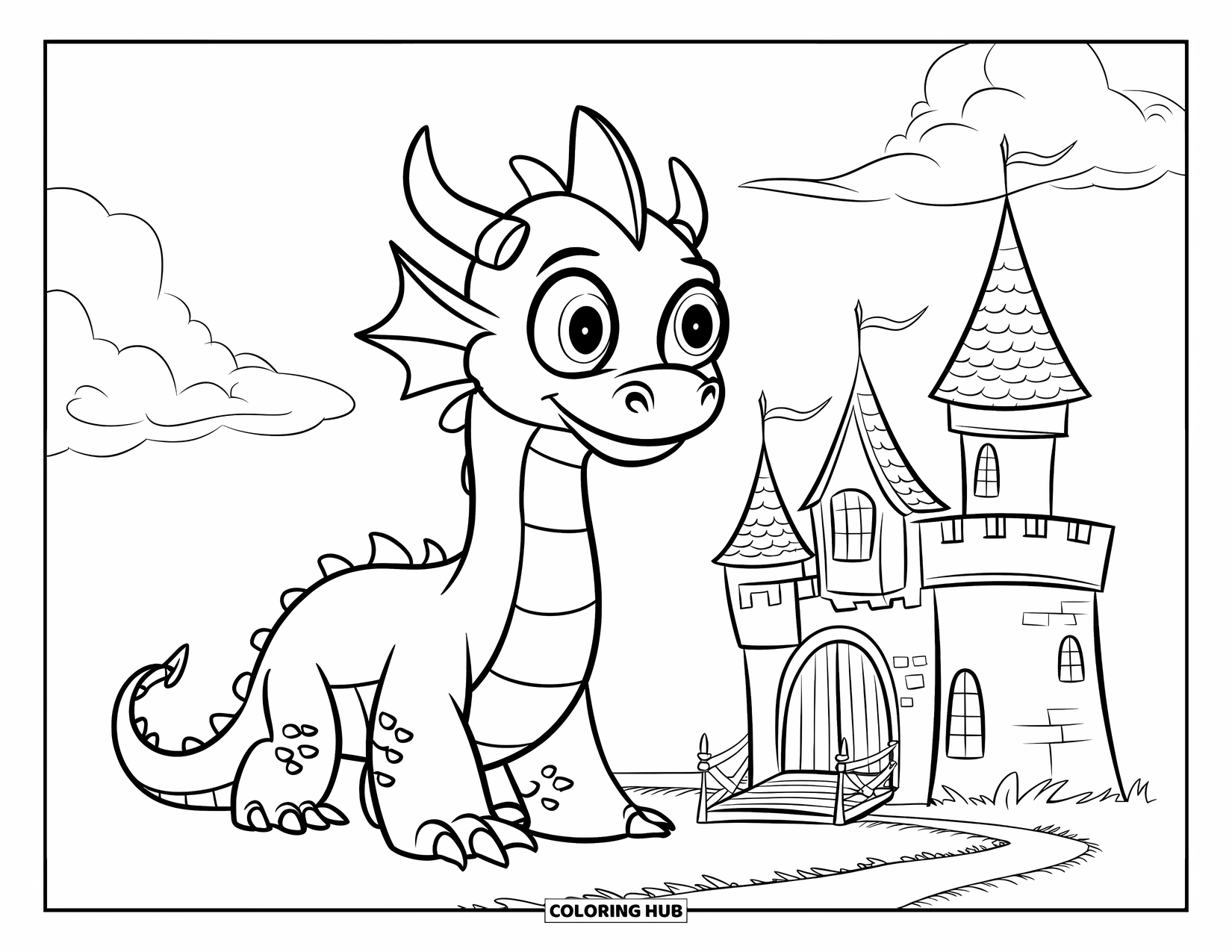 Dibujo de dragón para colorear para niños: Un dragón con grandes ojos y una corona se encuentra junto a un castillo con un puente levadizo
