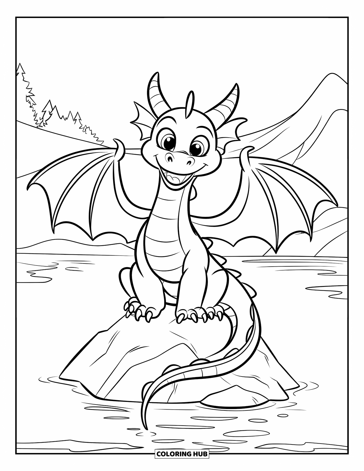 Dibujo de dragón para colorear para niños: Un dragón con ojos brillantes y una amplia sonrisa extiende sus alas sobre una roca en un lago