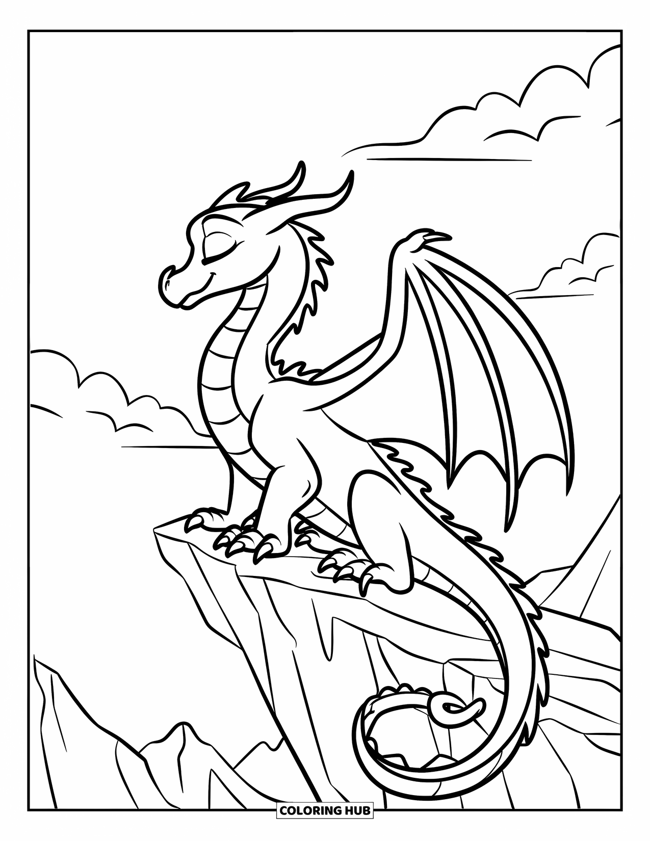 Dibujo de dragón para colorear para niños: Un dragón con los ojos cerrados se encuentra en una cornisa irregular, rodeado de montañas brumosas