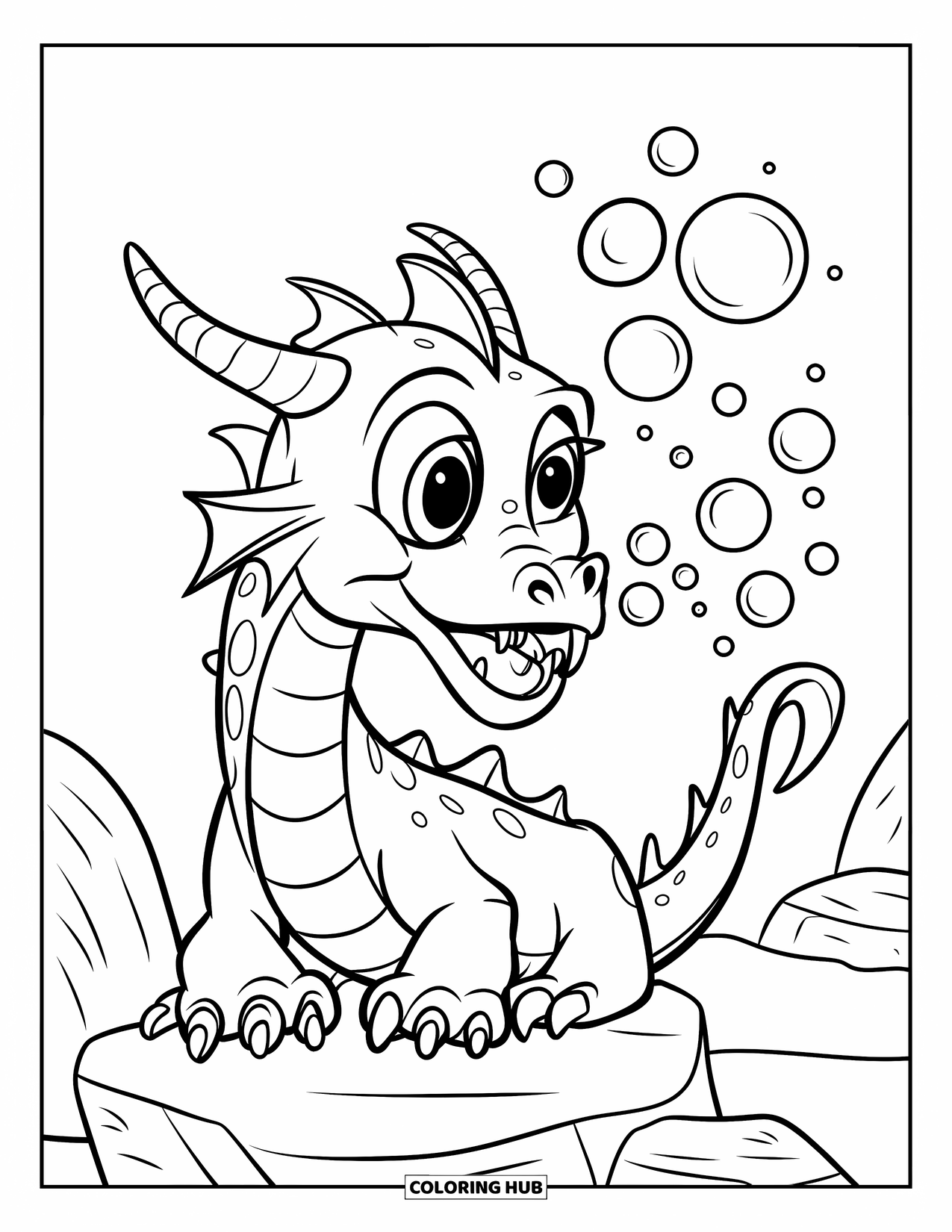 Dibujo de dragón para colorear para niños: Un dragón con cuernos curvos y dientes afilados se sienta en una roca, soplando burbujas en el aire