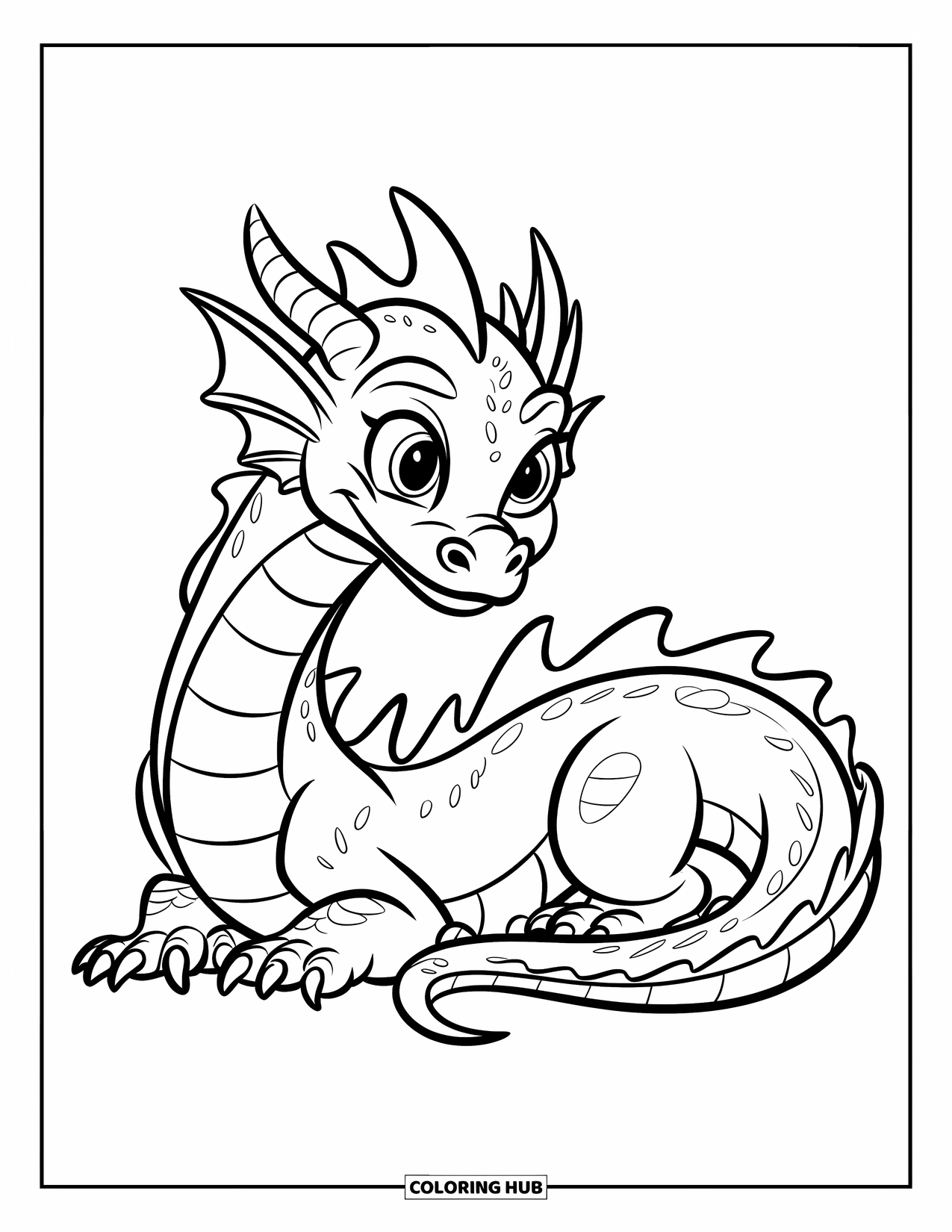 Dibujo de dragón para colorear para niños: Un dragón con ojos expresivos enrolla su cuerpo, con las alas plegadas hacia atrás en una postura vigilante