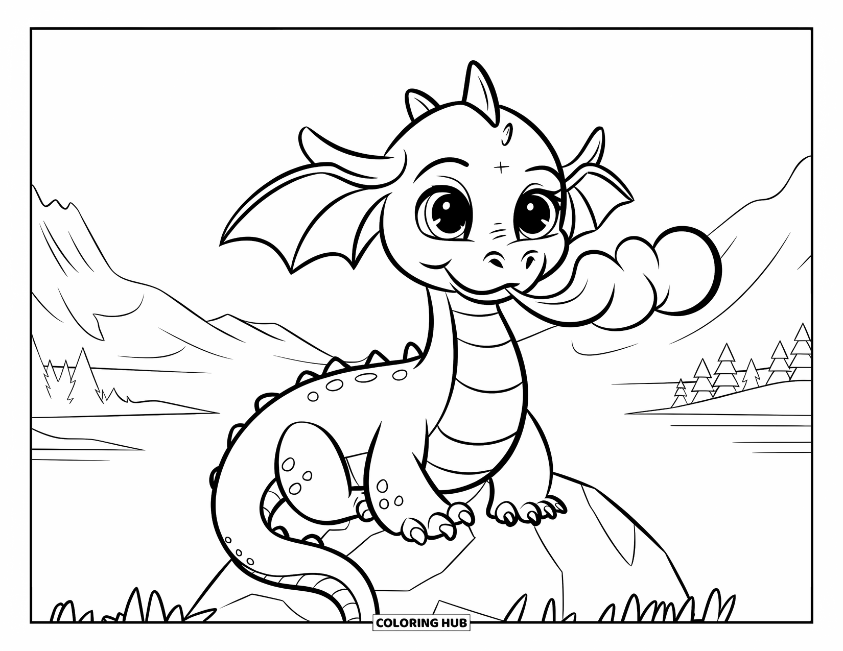 Dibujo de dragón para colorear para niños: Un dragón con orejas caídas se sienta en una roca, soplando suavemente una bocanada de humo