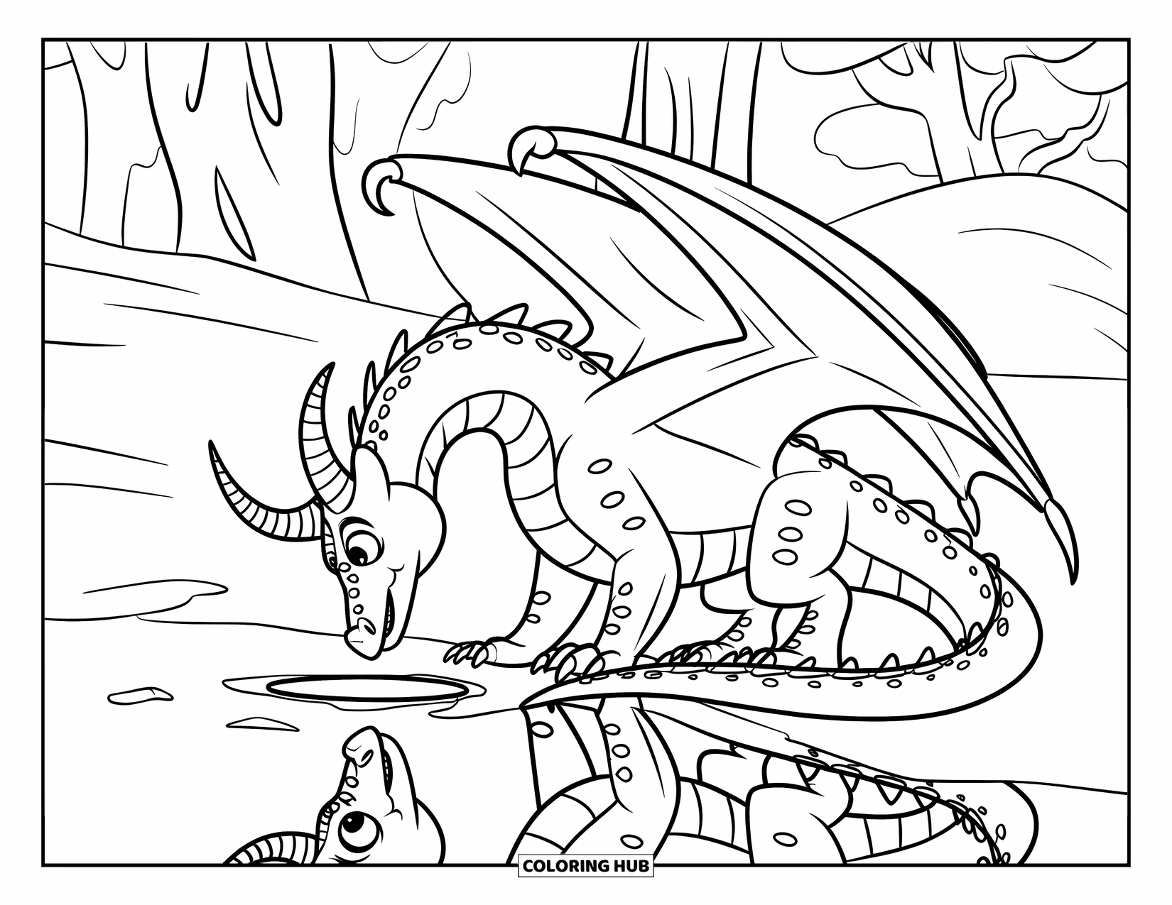 Dibujo de dragón para colorear para niños: Un dragón con escamas verdes y un cuerno en espiral estudia su reflejo en un charco del bosque