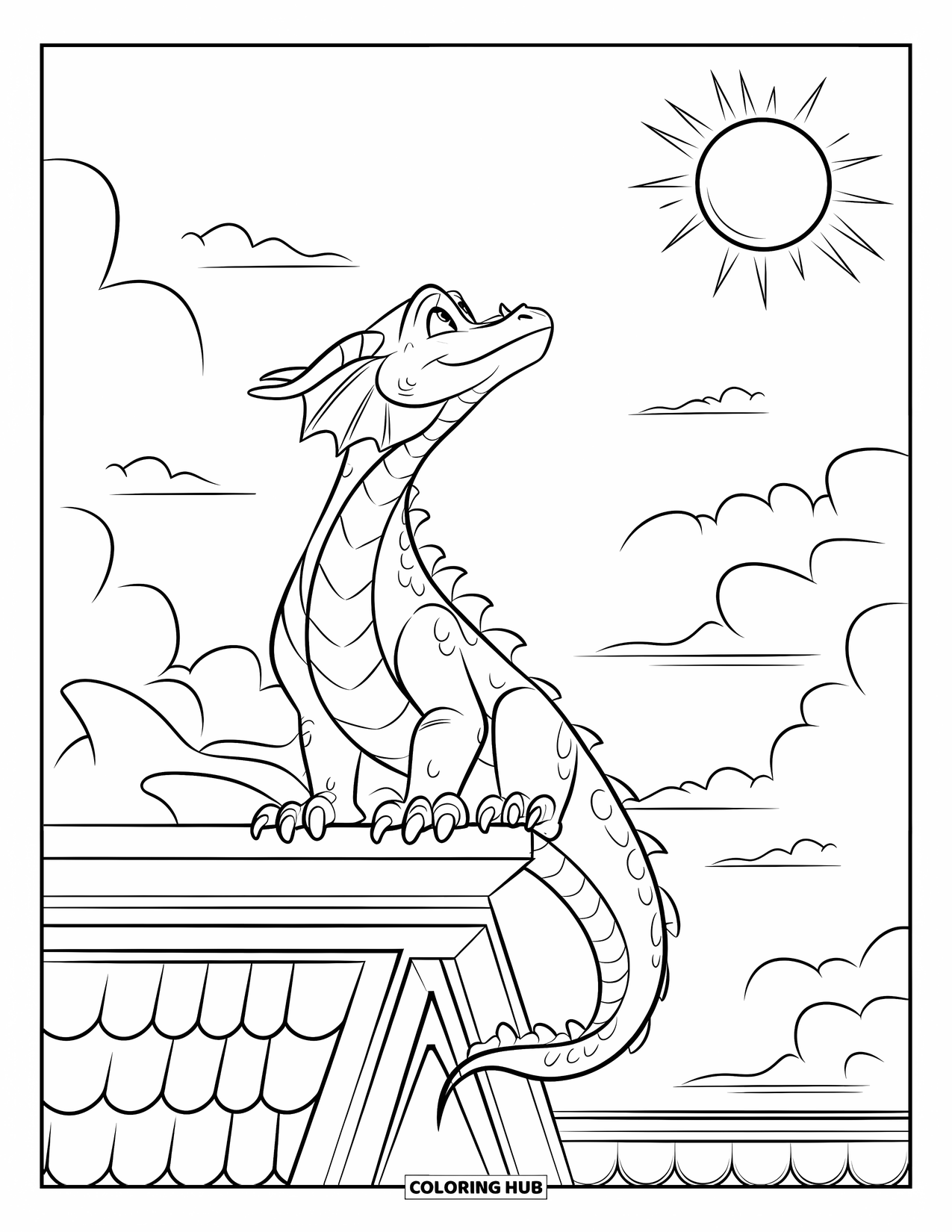 Dibujo de dragón para colorear para niños: Un dragón con afiladas garras y una larga cola se posa en un tejado bajo el brillante sol
