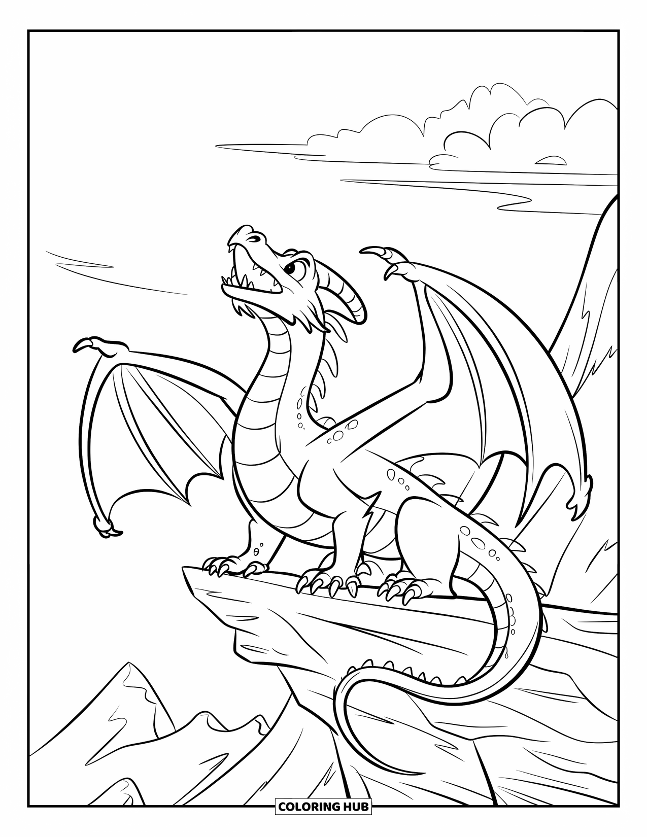 Dibujo de dragón para colorear para niños: Un dragón con dientes afilados ruge desde un pico rocoso bajo un cielo nublado