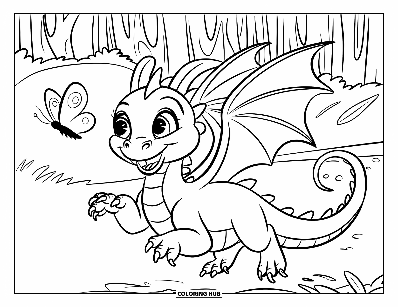 Dibujo de dragón para colorear para niños: Un dragón con pequeñas alas y una larga cola persigue con entusiasmo a una mariposa revoloteando