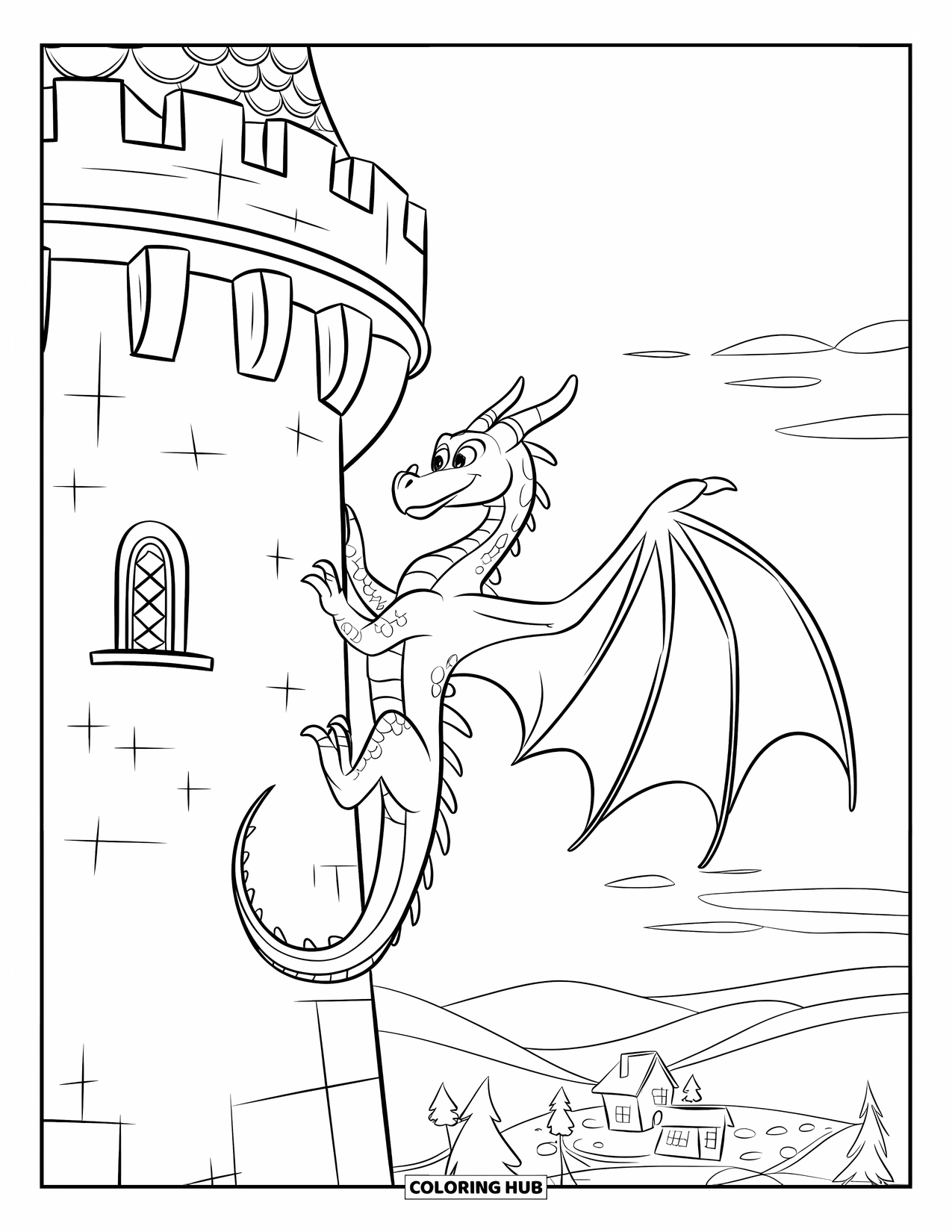 Dibujo de dragón para colorear para niños: Un dragón con alas anchas y afiladas garras agarra una torre de piedra redonda sobre un pueblo