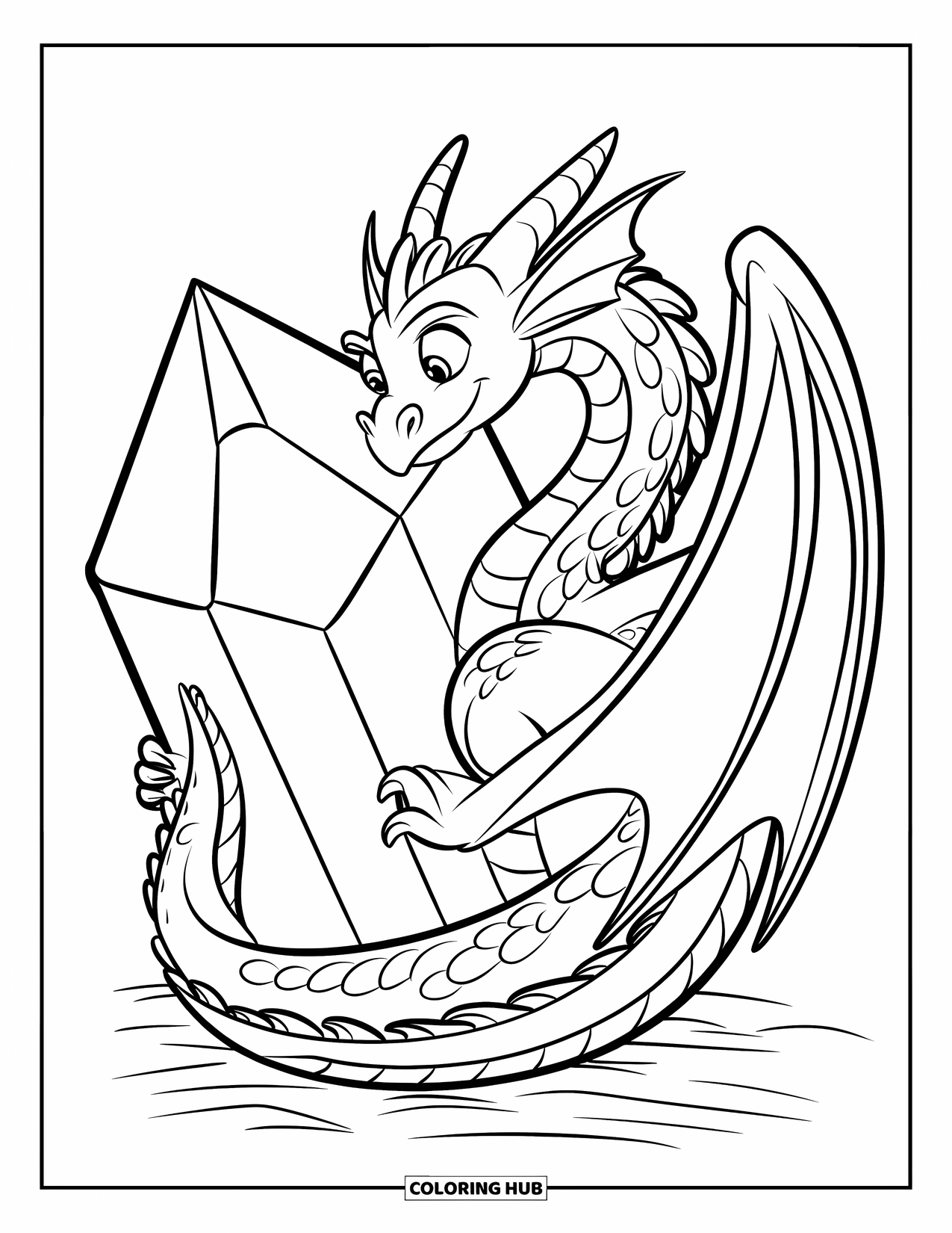 Dibujo de dragón para colorear para niños: Un dragón se envuelve alrededor de un gran cristal, mirándolo con curiosidad
