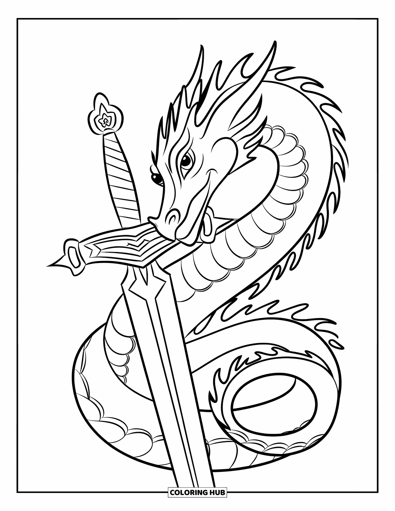 Dibujo de dragón para colorear para niños: Un dragón envuelve su larga cola alrededor de una intrincada espada, con los ojos llenos de determinación