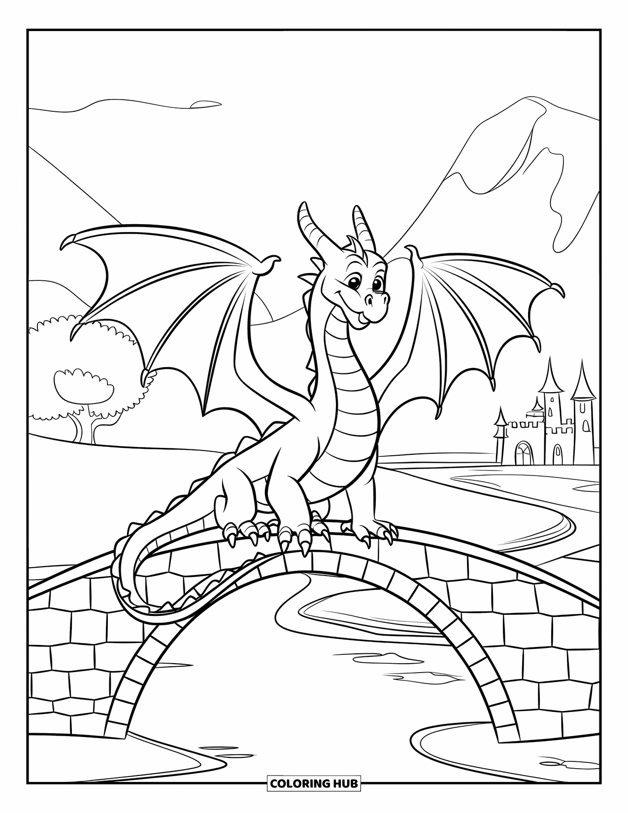 Dibujo de dragón para colorear para niños: Las enormes alas de un dragón se extienden a través de un puente de piedra, con su cola curvándose a lo largo del borde