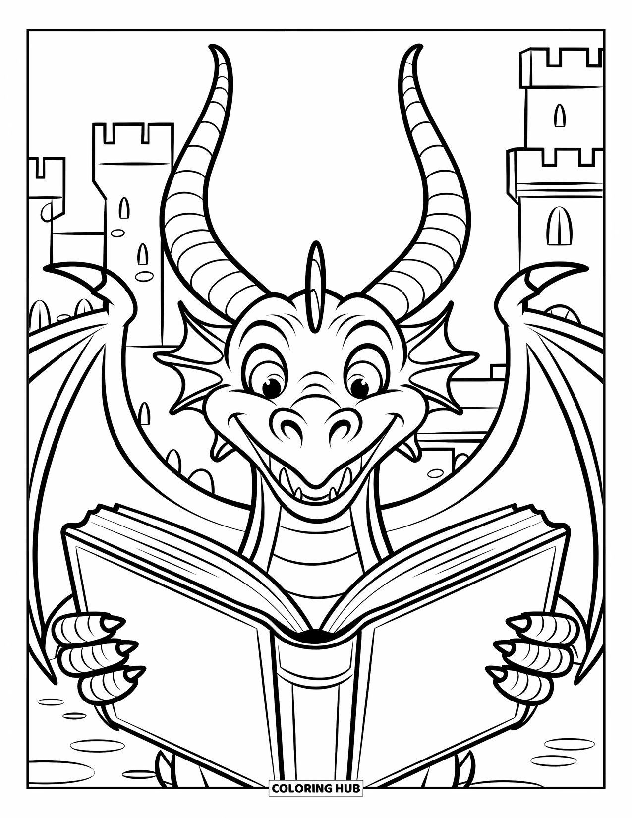 Dibujo de dragón para colorear para niños: Un dragón sonriente sostiene un libro abierto, sentado frente a un gran castillo