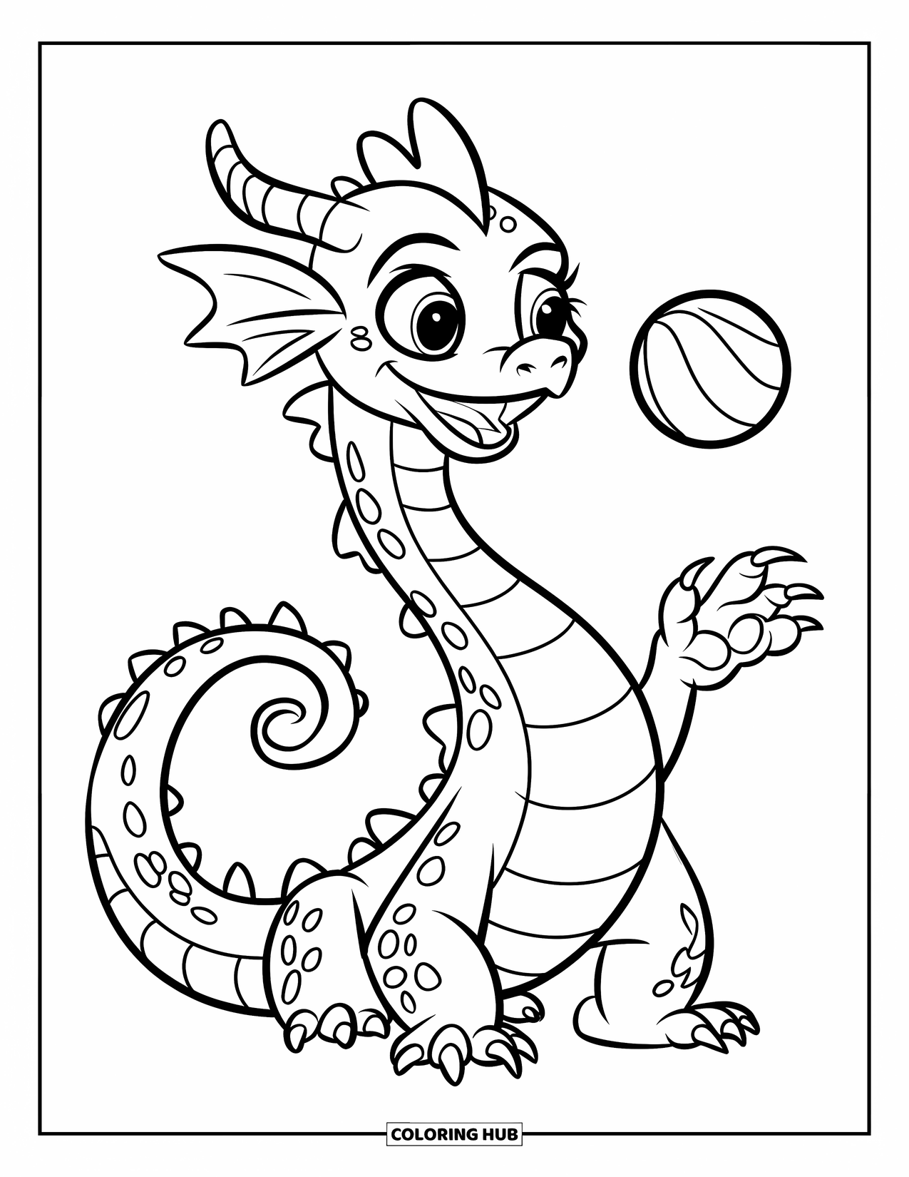 Dibujo de dragón para colorear para niños: Un dragón feliz con una larga cola equilibra una pelota en su hocico con una expresión juguetona