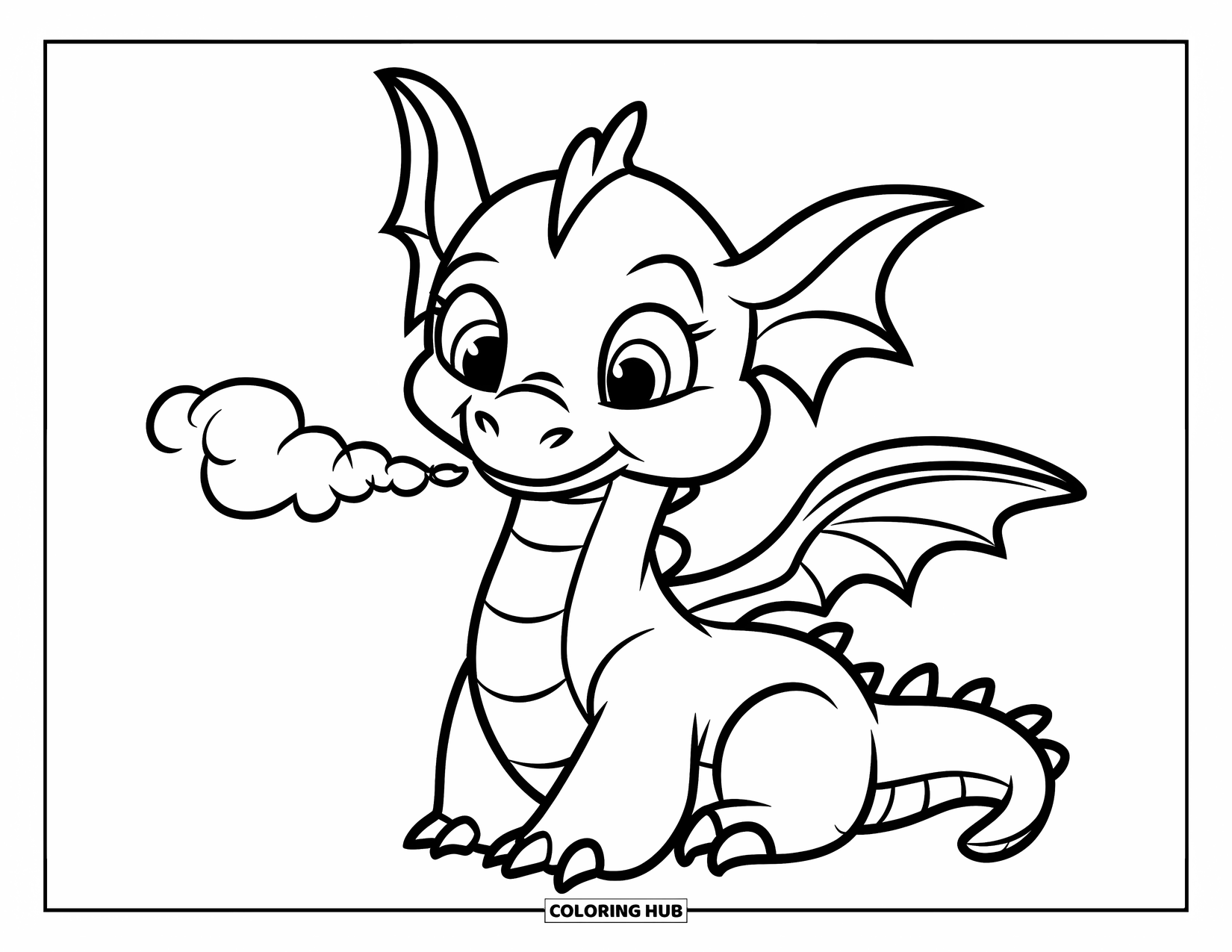 Dibujo de dragón para colorear para niños: Un dragón feliz con orejas caídas se sienta, soplando una pequeña bocanada de humo