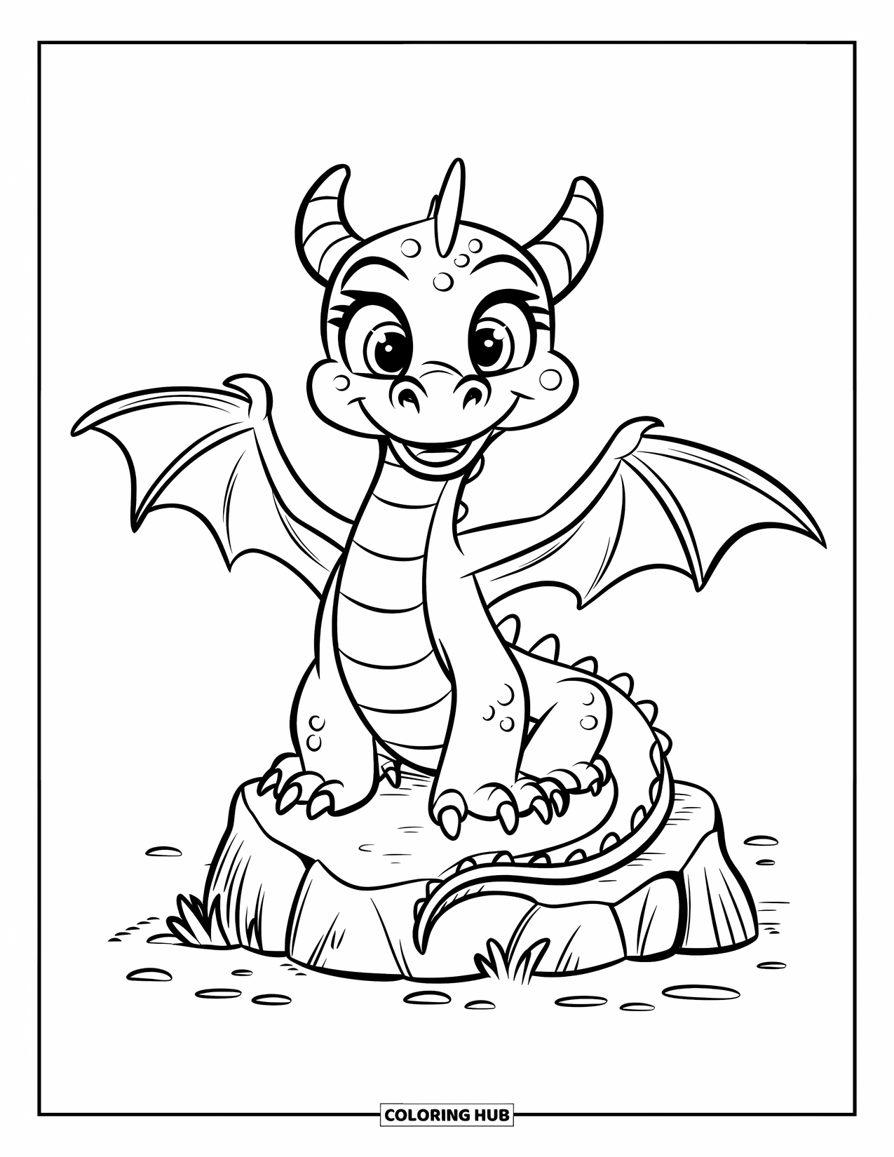 Dibujo de dragón para colorear para niños: Un dragón feliz con ojos redondos y pequeñas escamas estira sus alas mientras está sentado en una roca