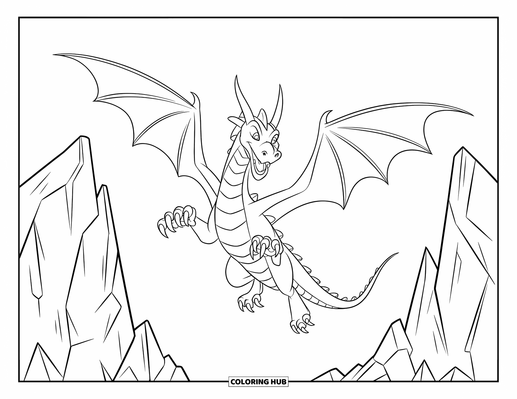 Dibujo de dragón para colorear para niños: Un dragón de cuerpo largo con grandes alas y dientes afilados salta entre rocas imponentes y dentadas