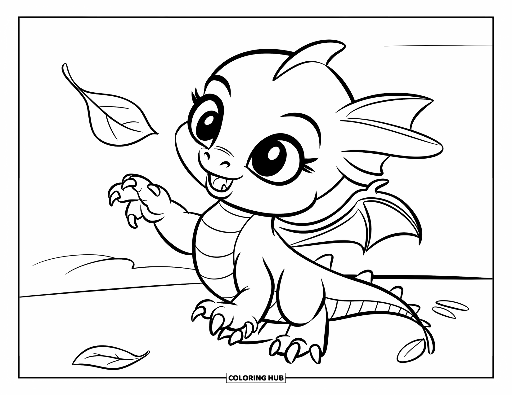 Dibujo de dragón para colorear para niños: Un juguetón bebé dragón con dientes afilados intenta atrapar una hoja a la deriva
