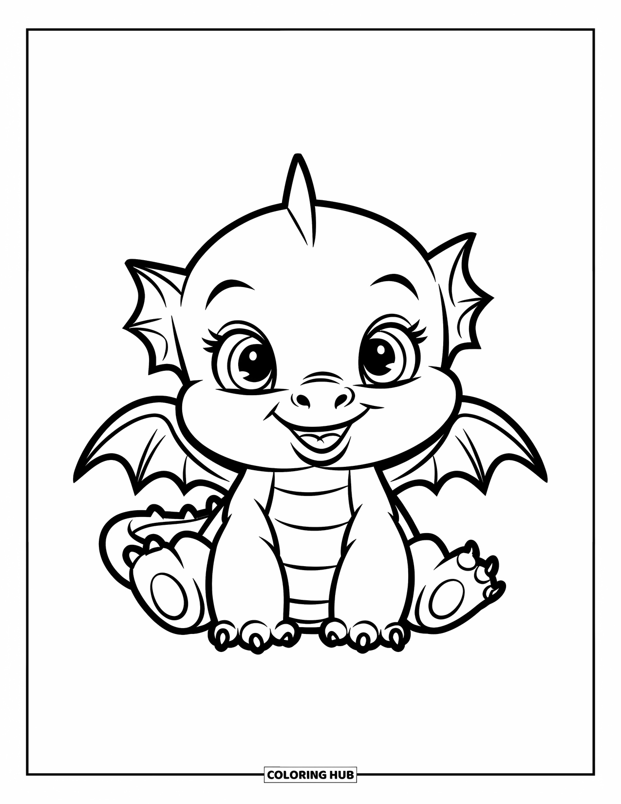 Dibujo de dragón para colorear para niños: Un juguetón bebé dragón con pequeñas alas se sienta con una expresión alegre