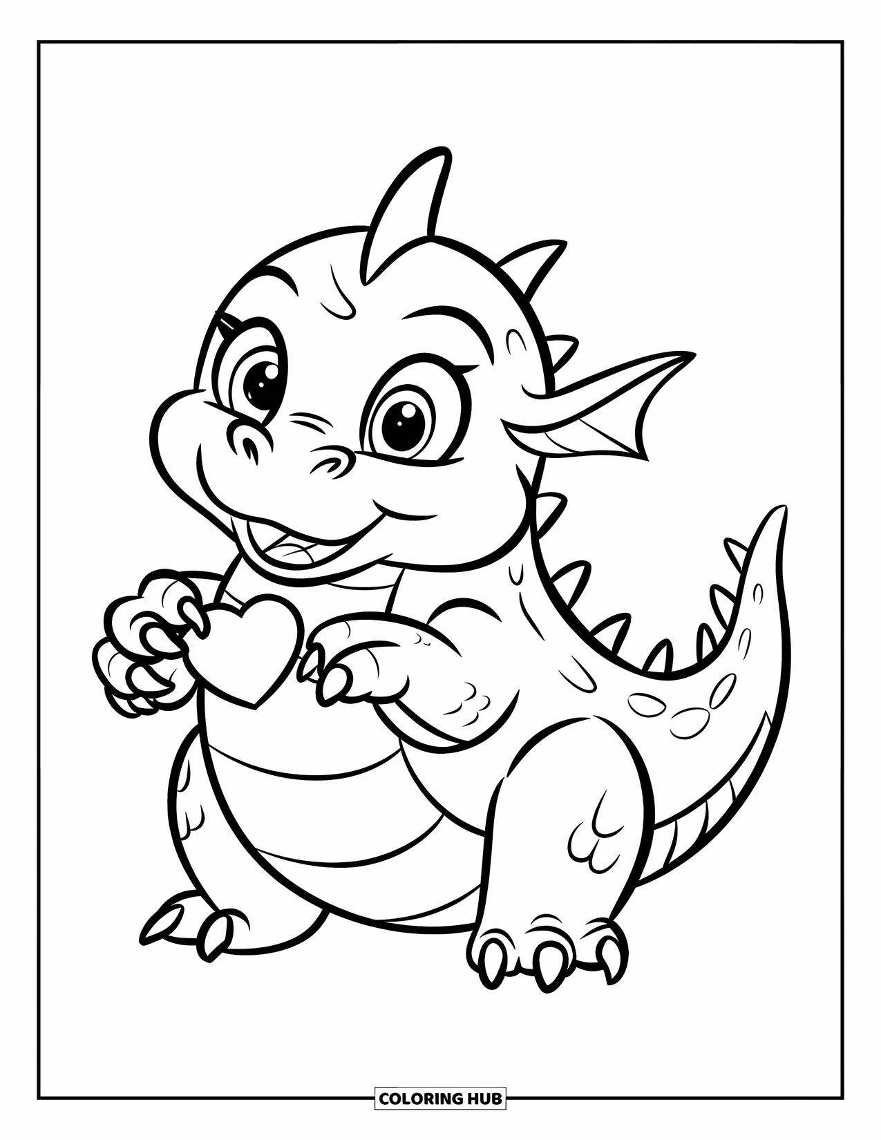 Dibujo de dragón para colorear para niños: Un dragón juguetón con una sonrisa feliz sostiene un corazón cerca de su pecho